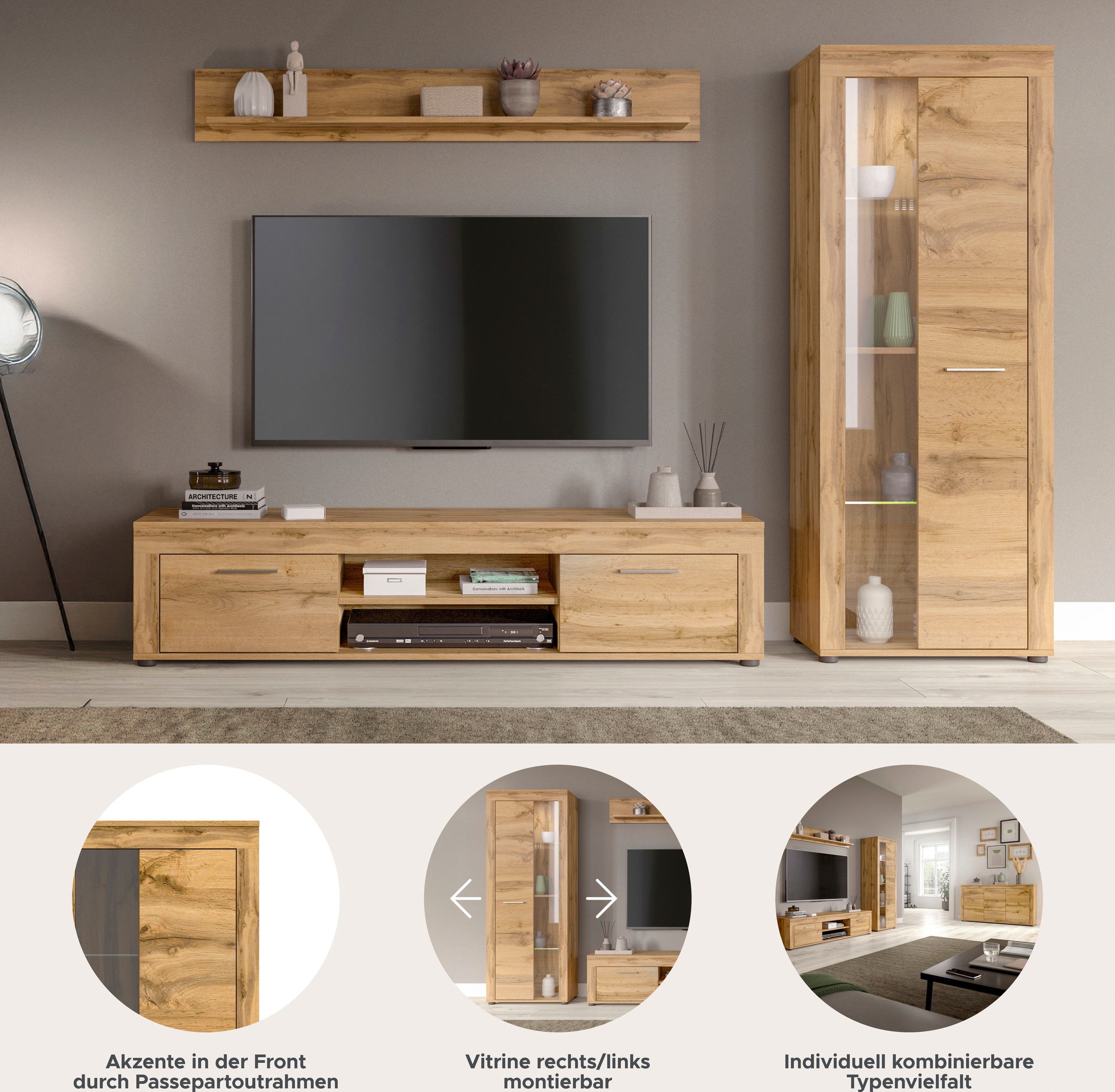 INOSIGN Wohnwand »Aosta, Breite 235cm, bestehend aus Lowboard, Wandboard, Vitrine«, (3 St.), Wohnwand, Kombination, Anbauwand, Möbel Set, Schrankwand, Möbel Kombi