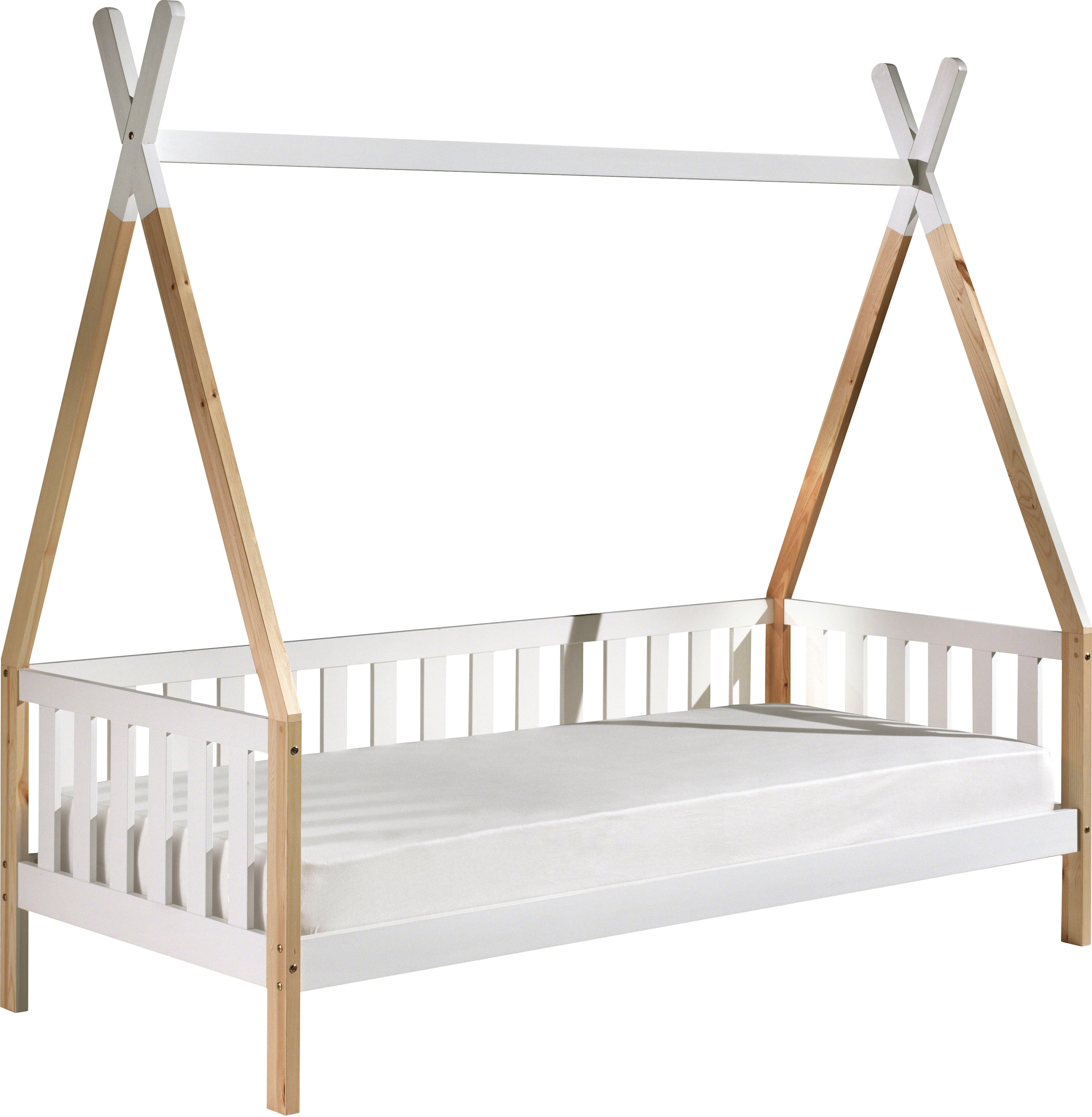 Vipack Kinderbett »Tipi, mit Querstange in Zelt-Optik, Kiefer massiv«, (B/H/T ca. 206x185,1x96cm, seitliche Sprossenumrandung), inklusive Rolllattenrost und wahlweise mit Bettschublade