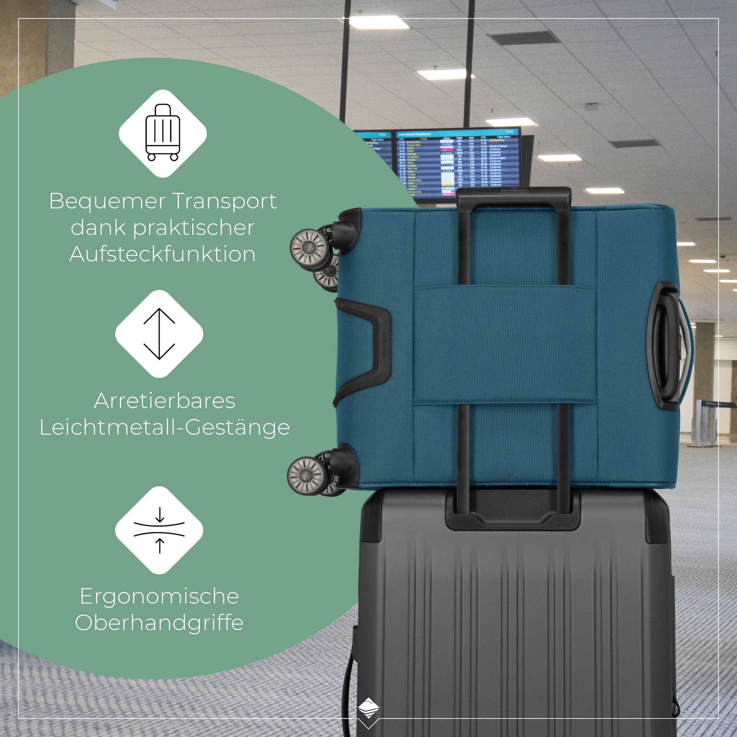 travelite Handgepäck-Trolley »JETPACK Multi Light 4 Cabin, konzipiert für Condor & Ryanair«, 4 Rollen, Weichgepäck-Koffer Handgepäck für die meisten gängigen Airlines