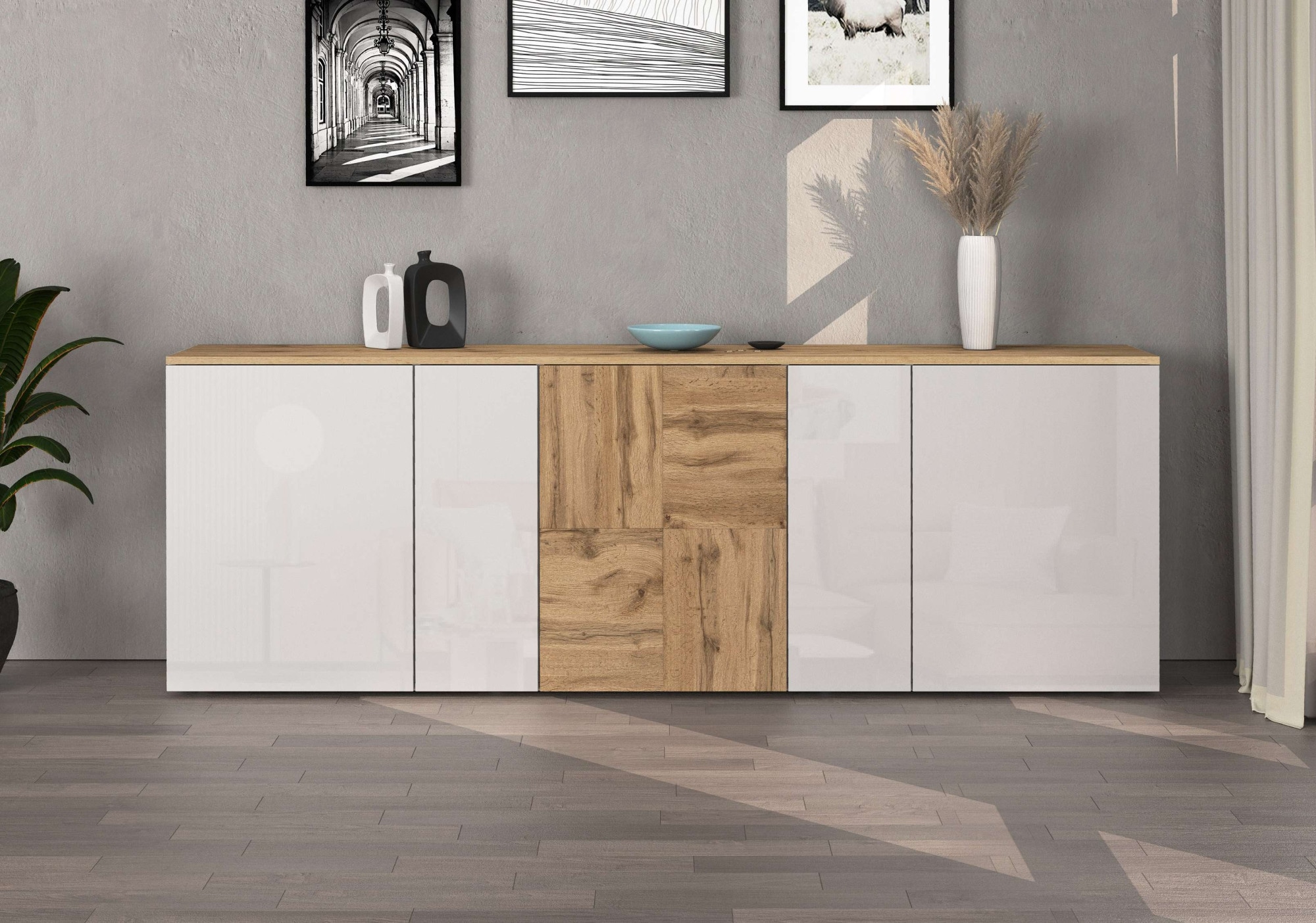 INOSIGN Sideboard »Sideboard ISEO, Kommode, Schrank, Kredenz« 1 Stk. tlg. stehend/hängend, 5 Türen HG lackiert, 6 Fächer, B 200 cm