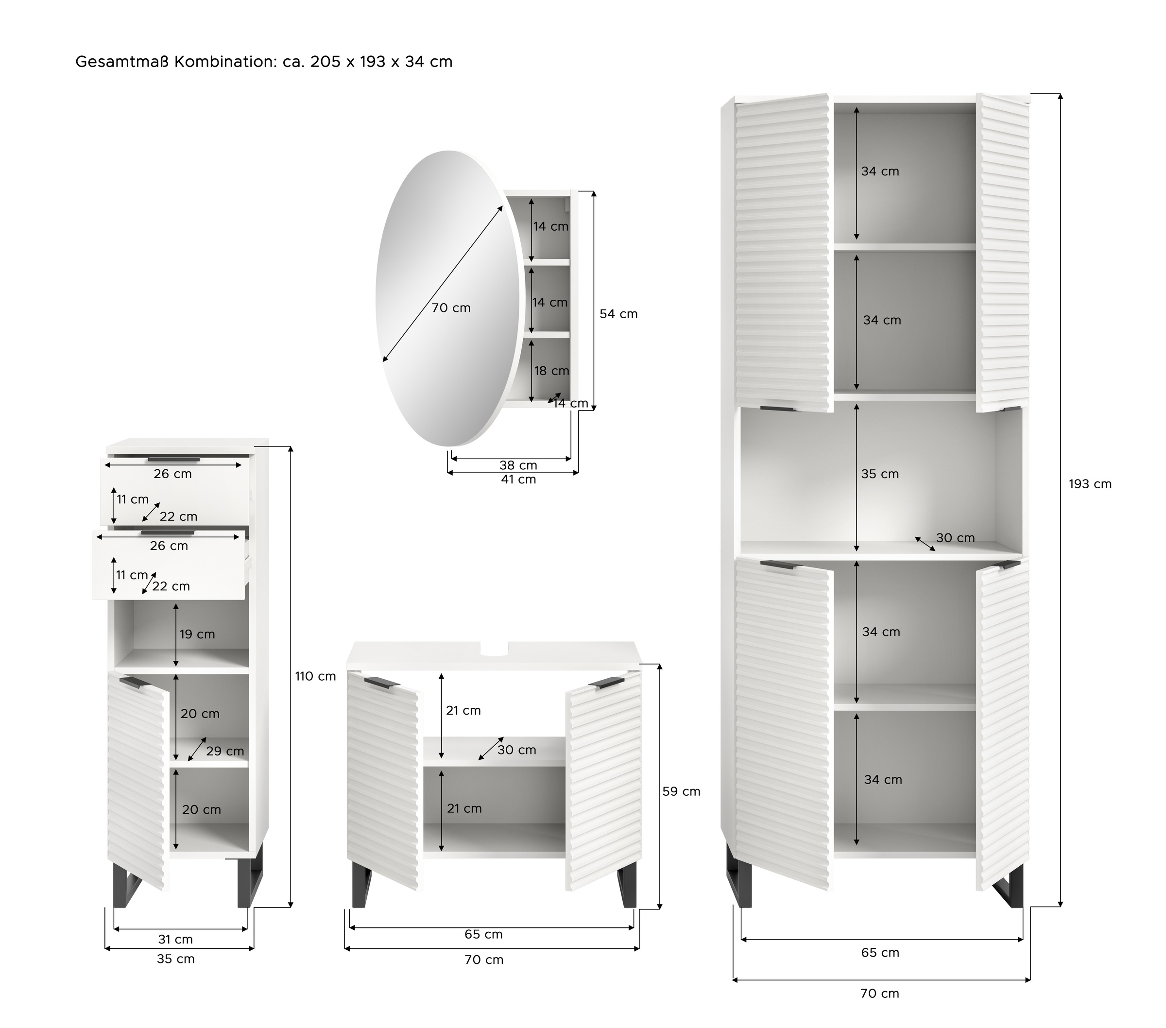 welltime Badmöbel-Set »Litica, Breite 205 cm, hochwertige Rillenfräsung, Metallkufen«, (4 St.), Unterschrank, Waschbeckenunterschrank, Spiegelschrank, Hochschrank