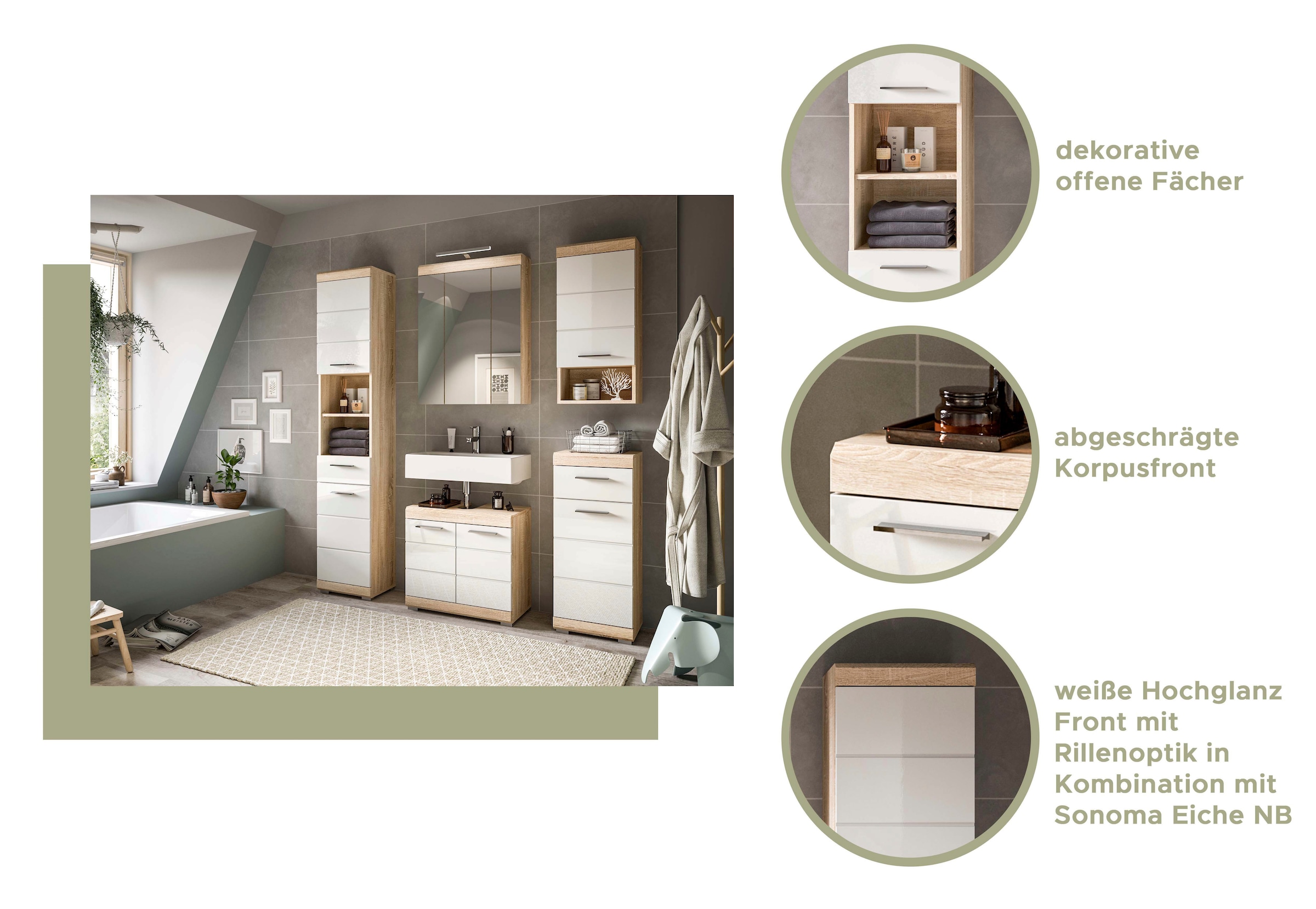 INOSIGN Badmöbel-Set »Siena, 3 teilig, bestehend aus:«, (Set, 3 St.), Badmöbel, Hochschrank, Spiegelschrank, Waschbeckenunterschrank