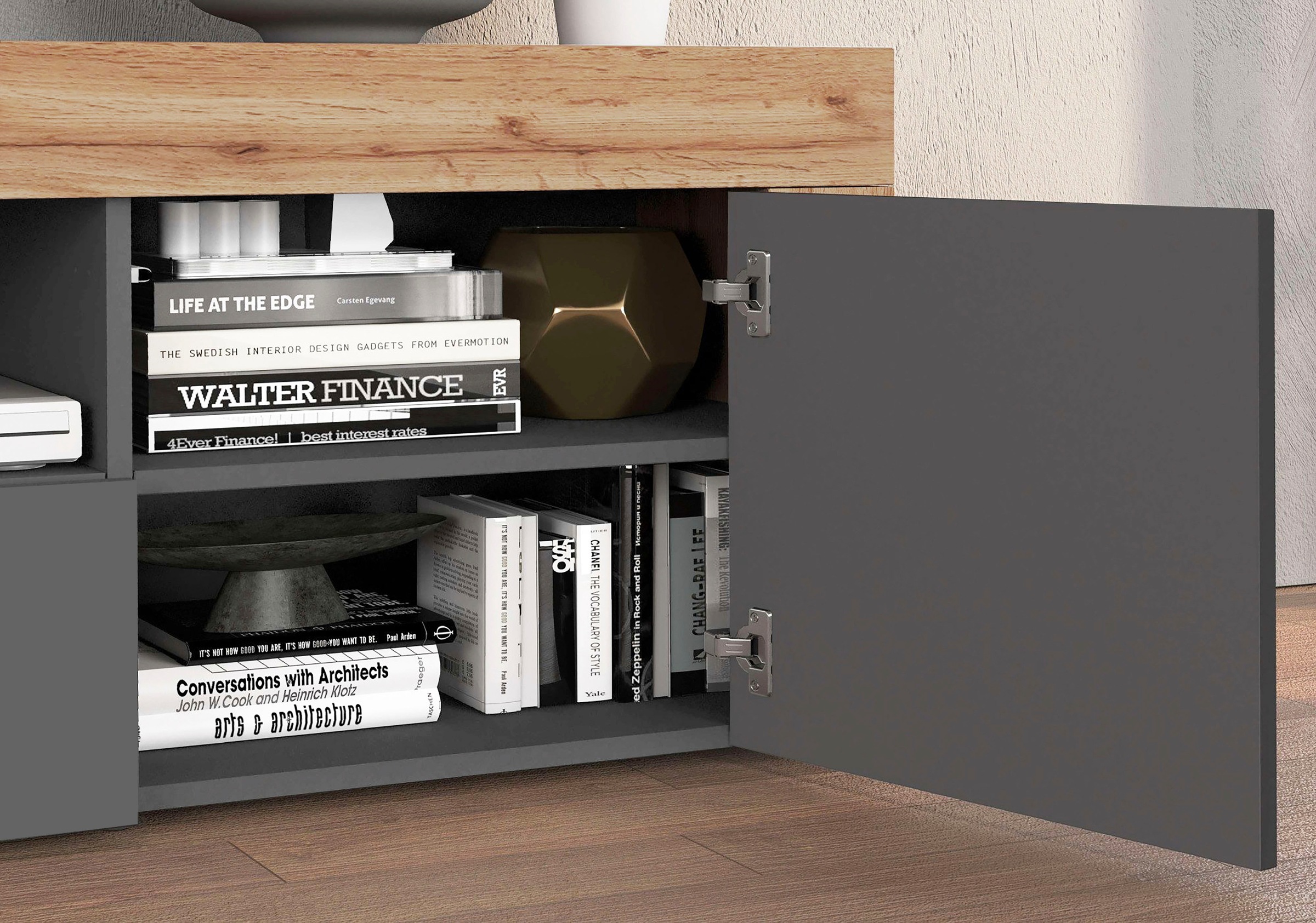 INOSIGN Lowboard »CHRONOS Breite 155 cm mit 2 Türen, 1 Schublade,1 offenes Fach«, (1 St.), TV-Board, Sideboard niedrig, Grifflos mit Push to Open 'Made in Italy'