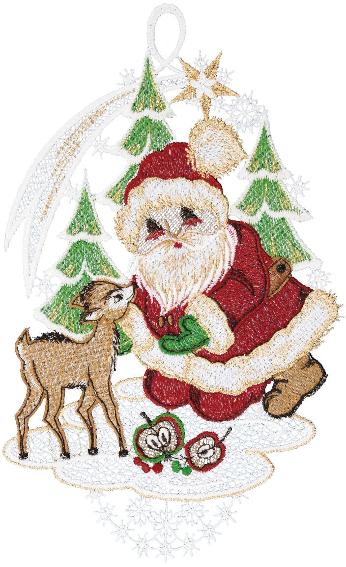 W. Reuter & Sohn - Plauener Spitze® Fensterbild »Weihnachtsmann mit Rehkitz«, Made in Germany