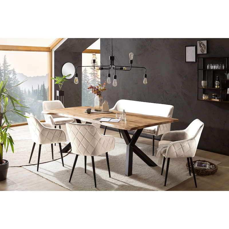 SALESFEVER Eckbankgruppe »Eckbankgruppe im Landhausstil« Set, 6 Stk. tlg. Rückenfläche mit aufwändiger Rautensteppung Creme, Natur/Schwarz + Schwarz