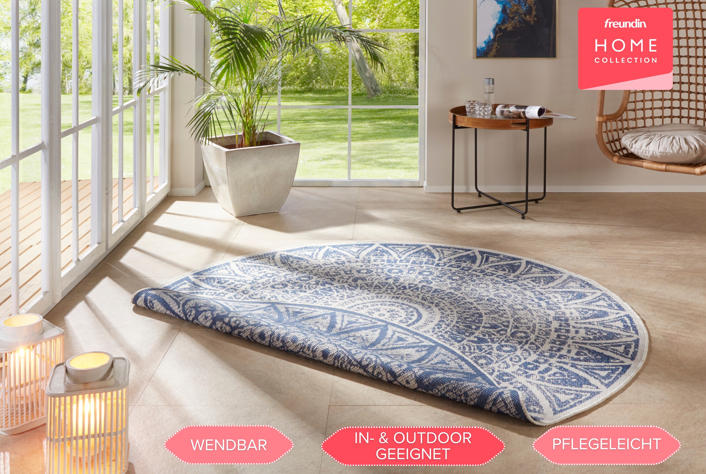 freundin Home Collection Teppich »Lilja Wendeteppich«, rund, 5 mm Höhe, In-& Outdoor, beidseitig, Wetterfest, Balkon, Garten, Wohnzimmer