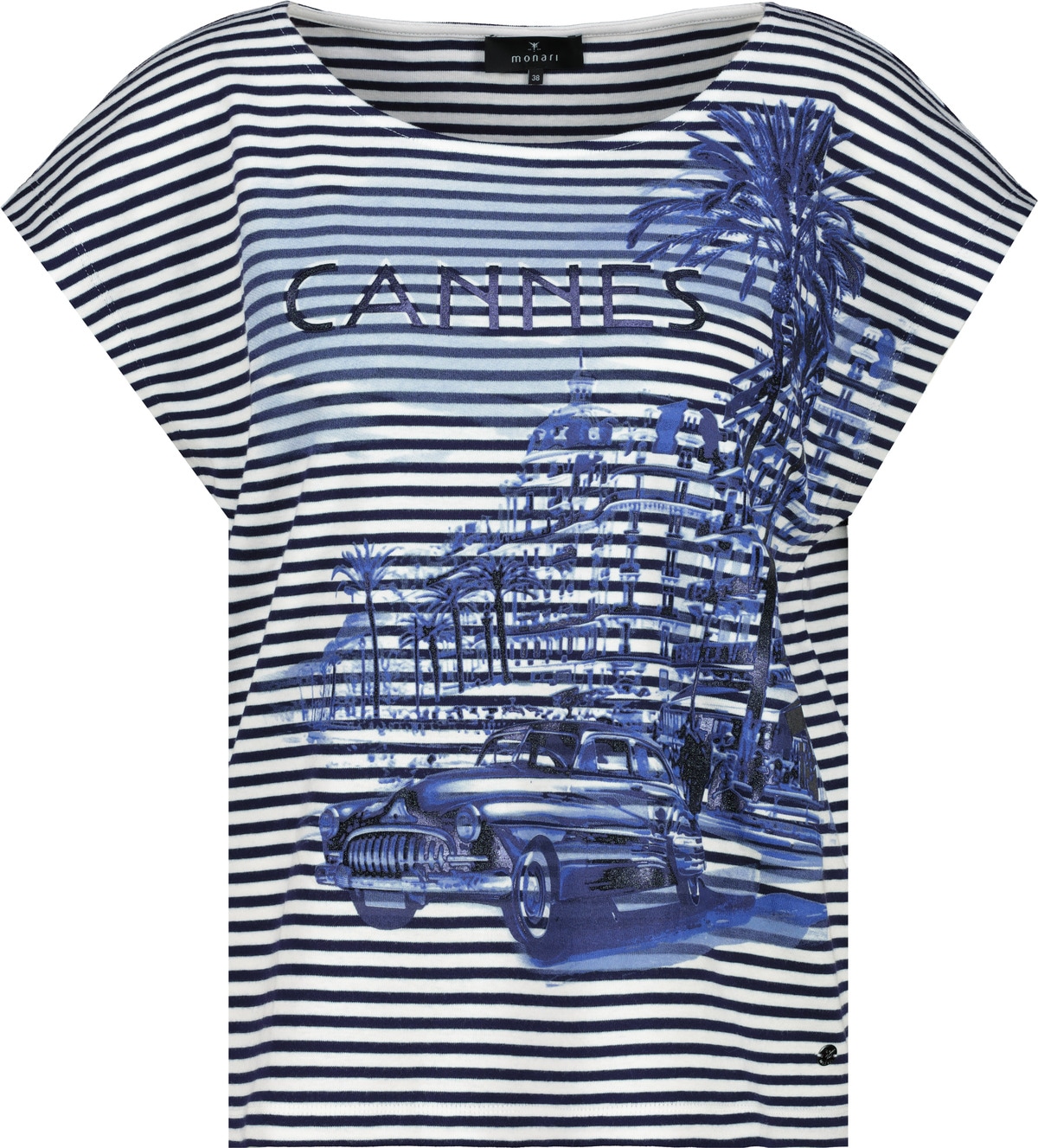 Monari T-Shirt »Shirt Ringel + Druck«, Mit Rundhalsausschnitt