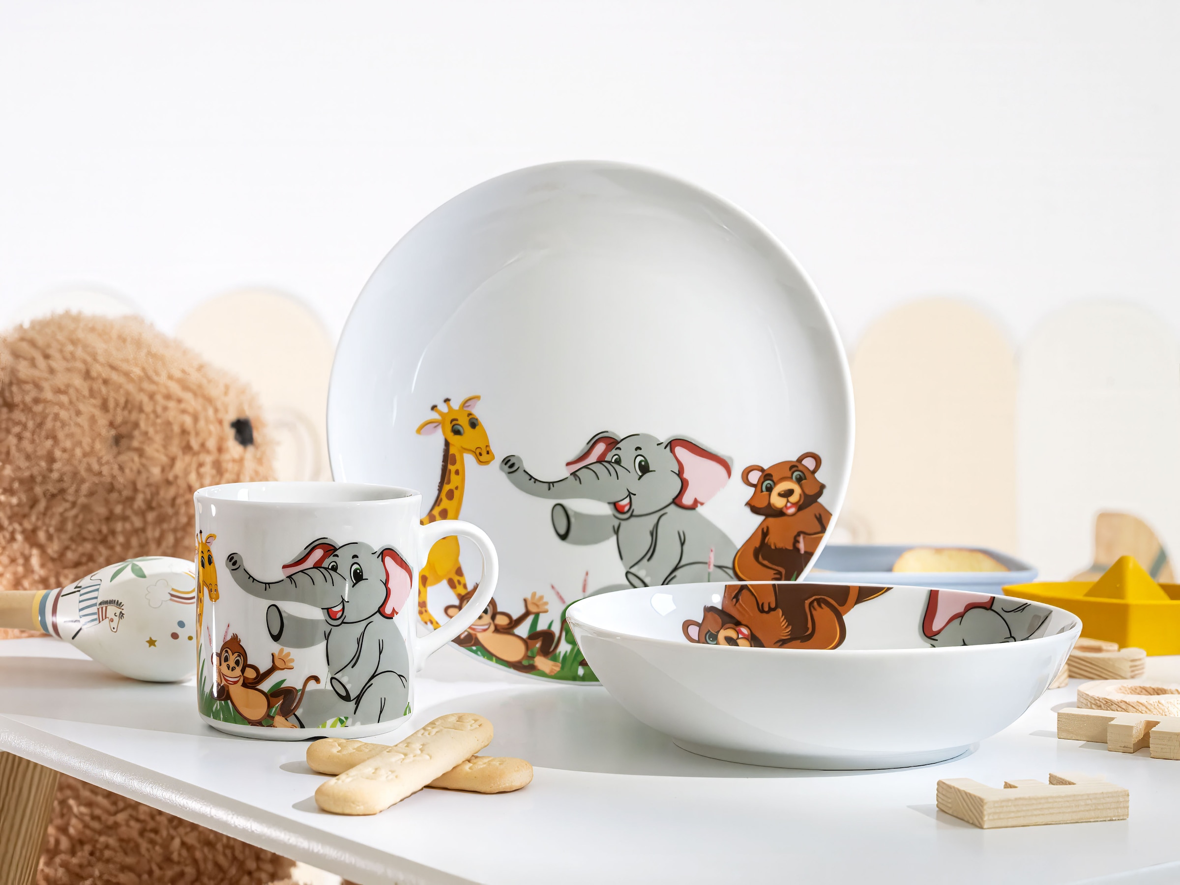 CreaTable Kindergeschirr-Set »Zoo« Dekor mit lustigen Zoobewohnern, Made in Europe, 3 Teile, für 1 Person