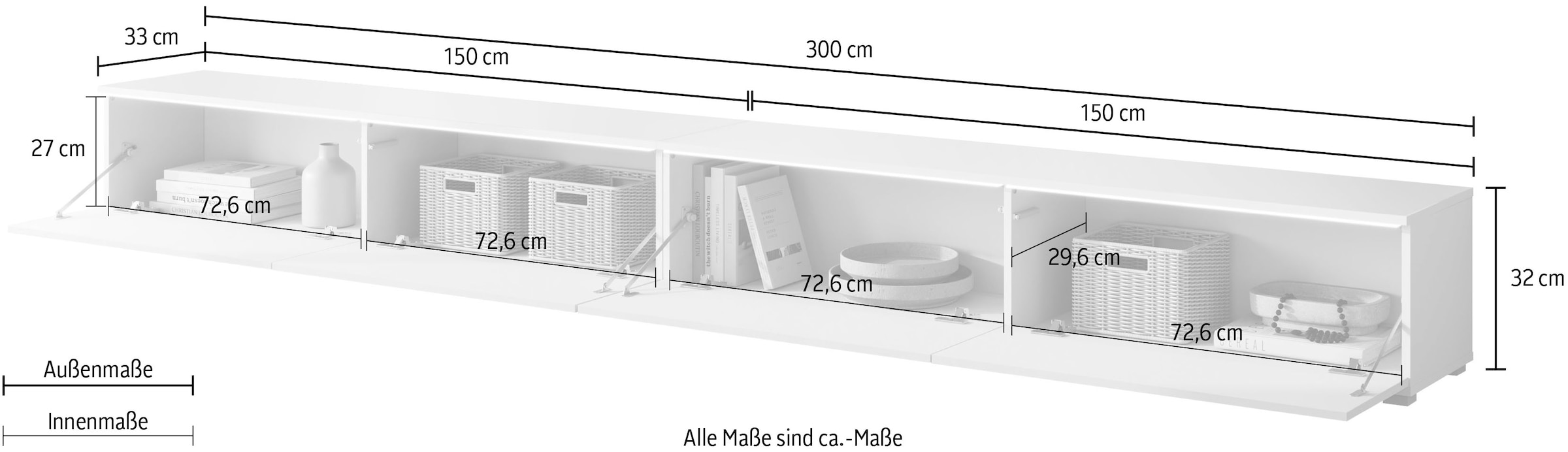 Home affaire Lowboard »Vera, TV-Schrank, Breite 300 cm, verschiedene Farbausführungen« 1 Stk. tlg. Mit LED, 4 Klappen, grifflose Fronten, hängend oder stehend