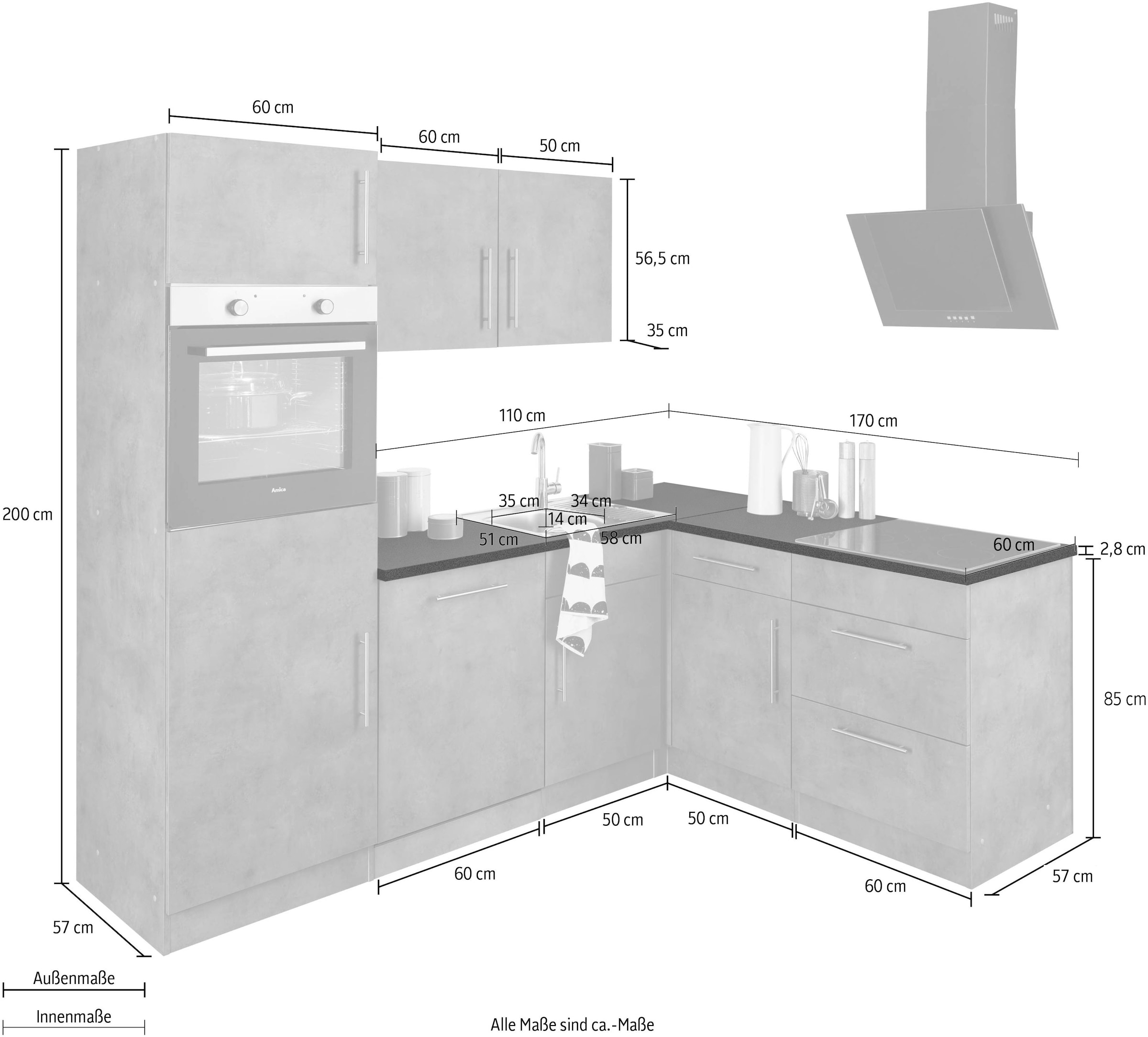 E-Geräten, »Cali«, Küchen %Sale x 170 mit Stellbreite wiho 230 cm Winkelküche im jetzt