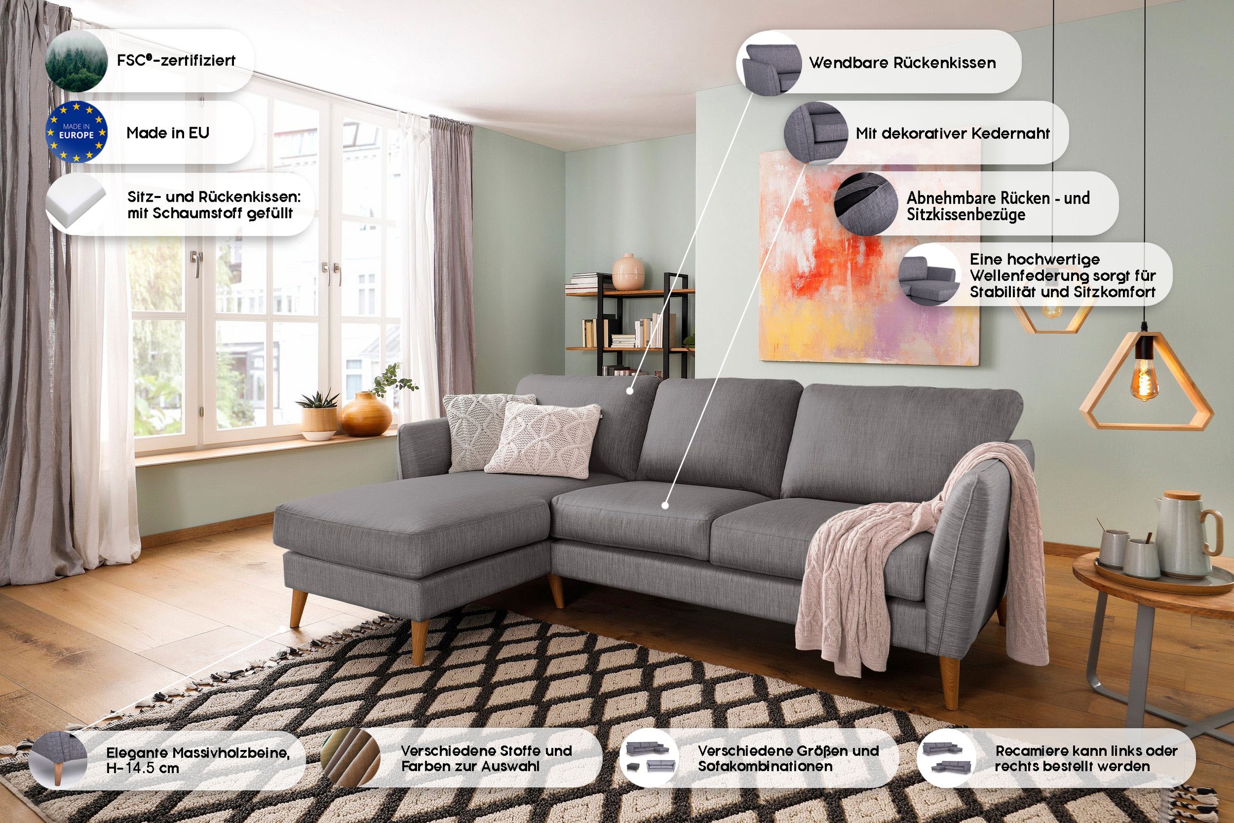 Home affaire Ecksofa »MARSEILLE (242/152cm),L-Form, Rec. rechts/links«, Massivholzbeine Eiche, Landhausstil, Wellenunterfederung