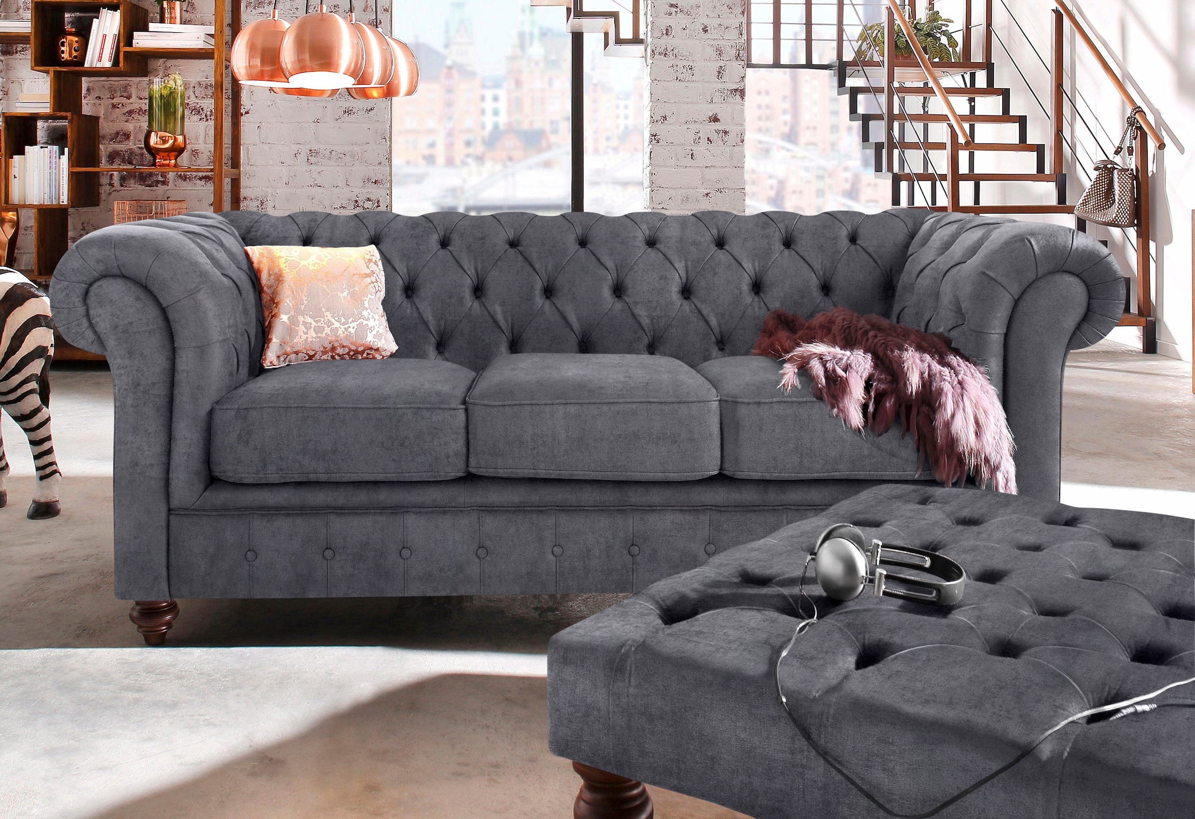 Home affaire Chesterfield-Sofa »Chesterfield 3-Sitzer B/T/H: 198/89/74 cm«, mit hochwertiger Knopfheftung, auch in Leder