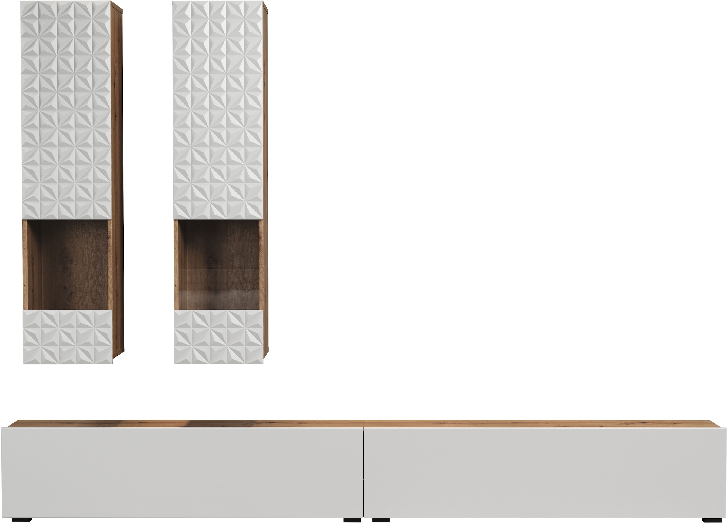 INOSIGN Wohnwand »Rezzo, 2 Hängevitrinen mit Relief-Front, 2 Lowboards je Br. 120 cm«, (Komplett-Set, 4 St.), insgesamt Br. 240 cm, Montage stehend oder hängend