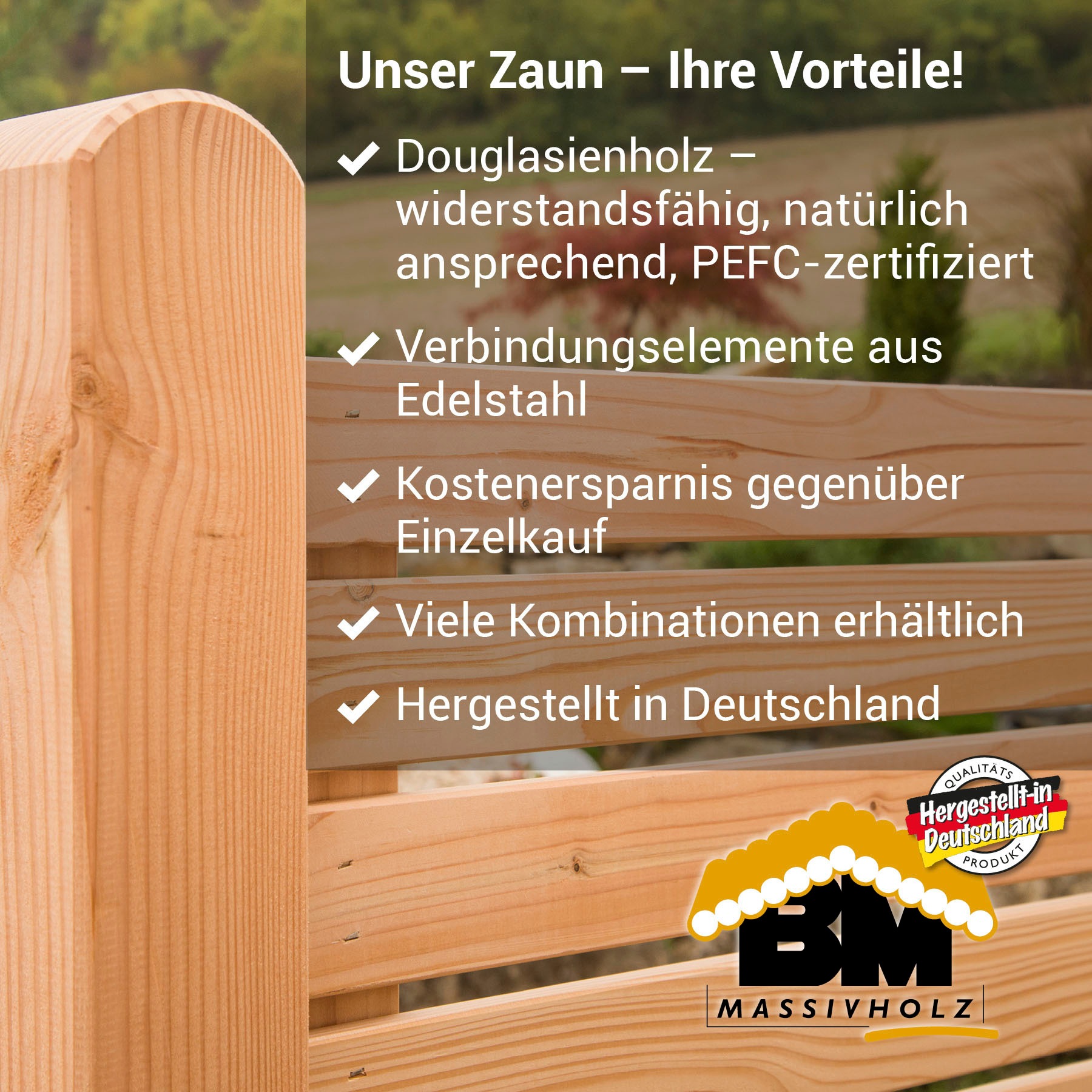 BM Massivholz Zaun »Kurt Set 1«, 1 Zaunelement 180 x 180cm, 2 Pfosten, Kopf gerundet, Länge 190cm