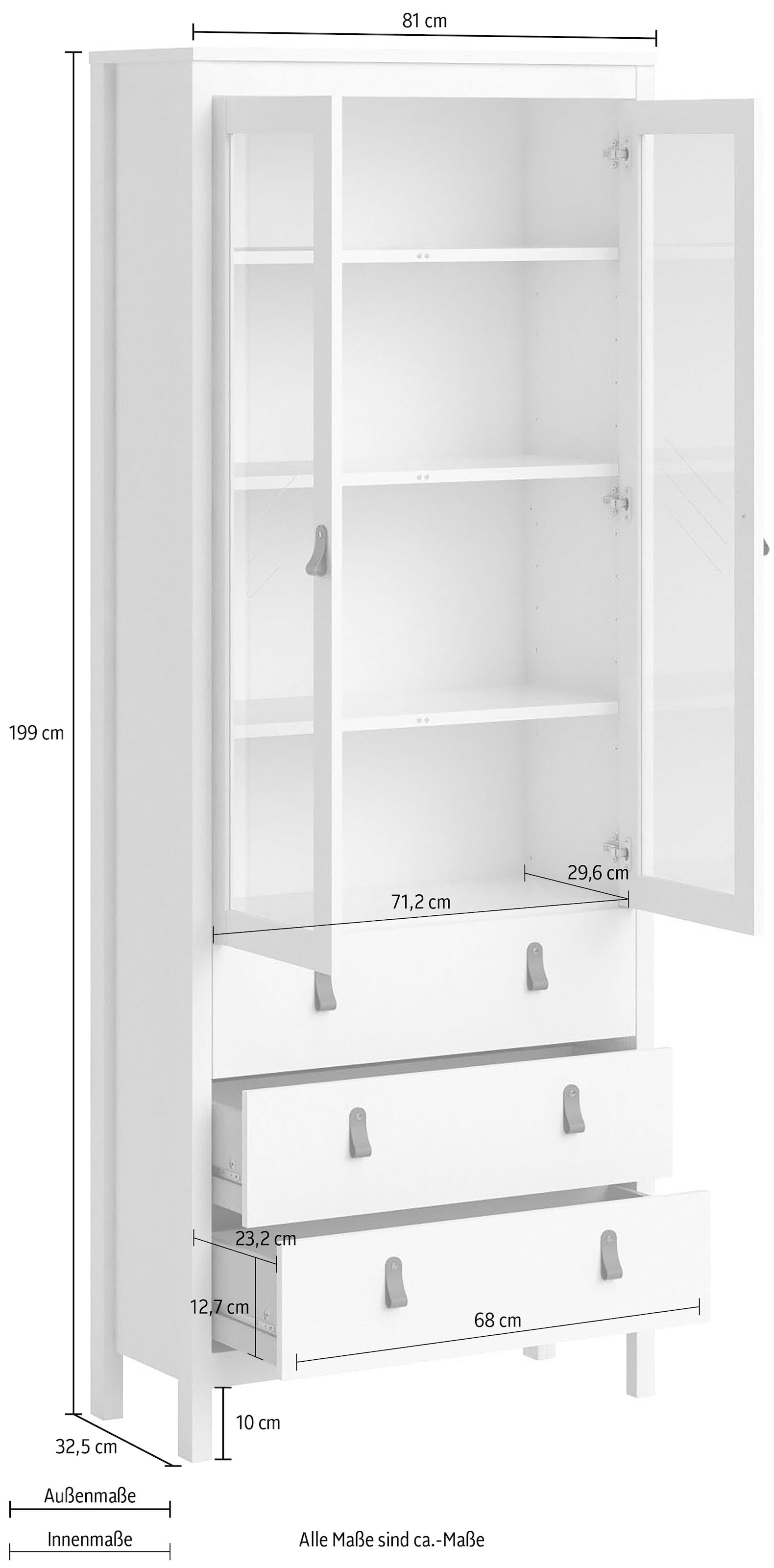 Home affaire Vitrine »Madrid, Glasvitrine Vitrinenschrank Ausstellung Sammelvitrine«, mit 2 Glastüren und 3 Schubladen, Breite 78 cm