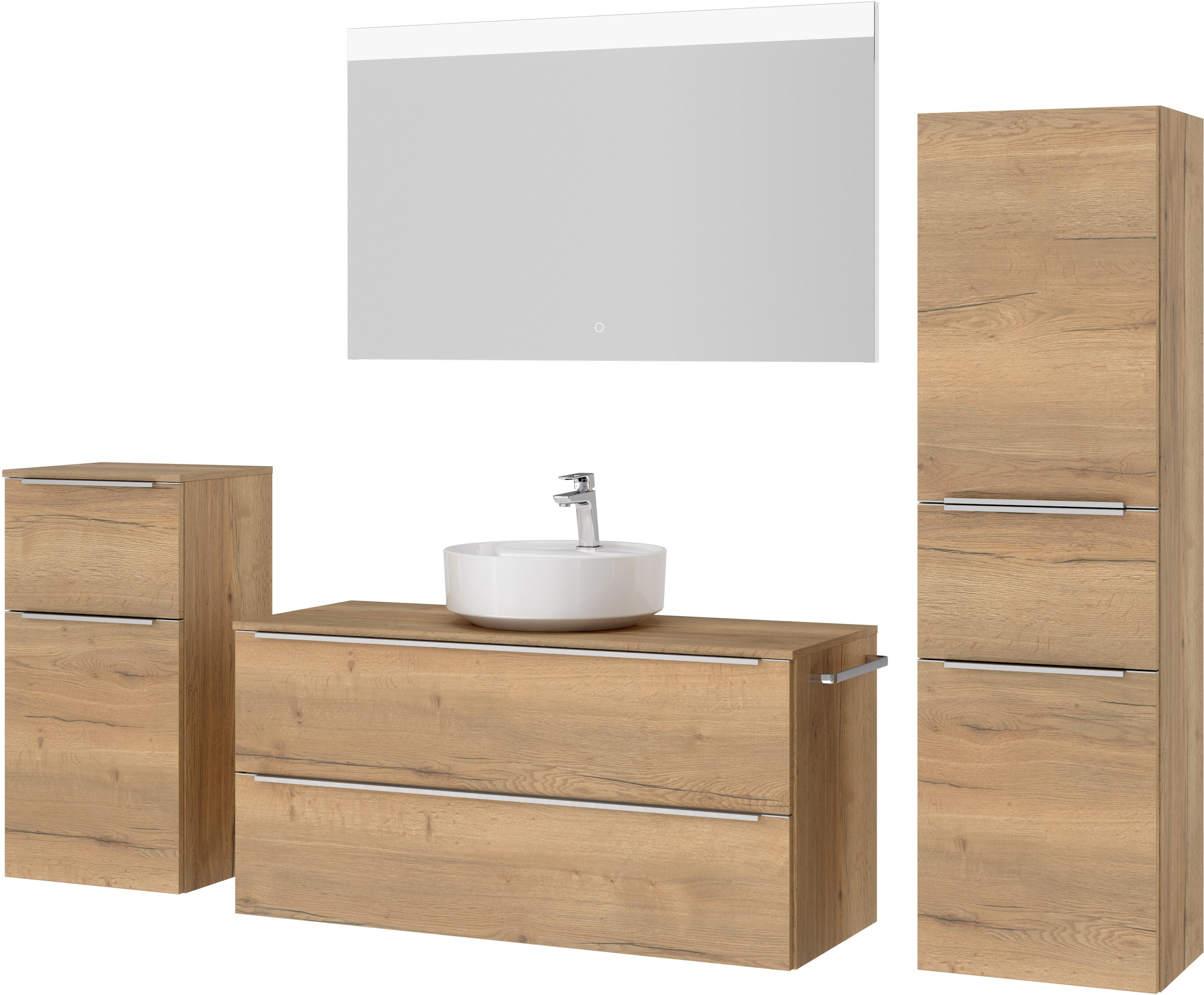 nobilia® Badmöbel-Set »Alvene«, (4 St., vormontiert, mit Soft-Close), inkl. Spiegel mit Touch-Sensor, in vier Breiten