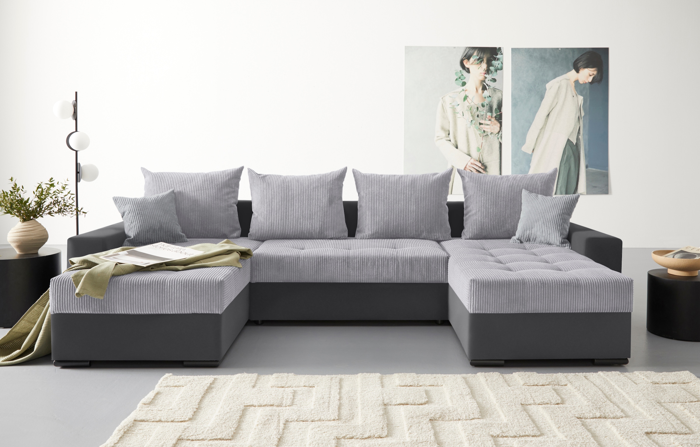 COLLECTION AB Wohnlandschaft »XL-Josy U-Form, Breite 313 cm, Cord-/Mix«, inkl. Bettfunktion, Bettkasten, mit 4 gleich großen Rückenkissen