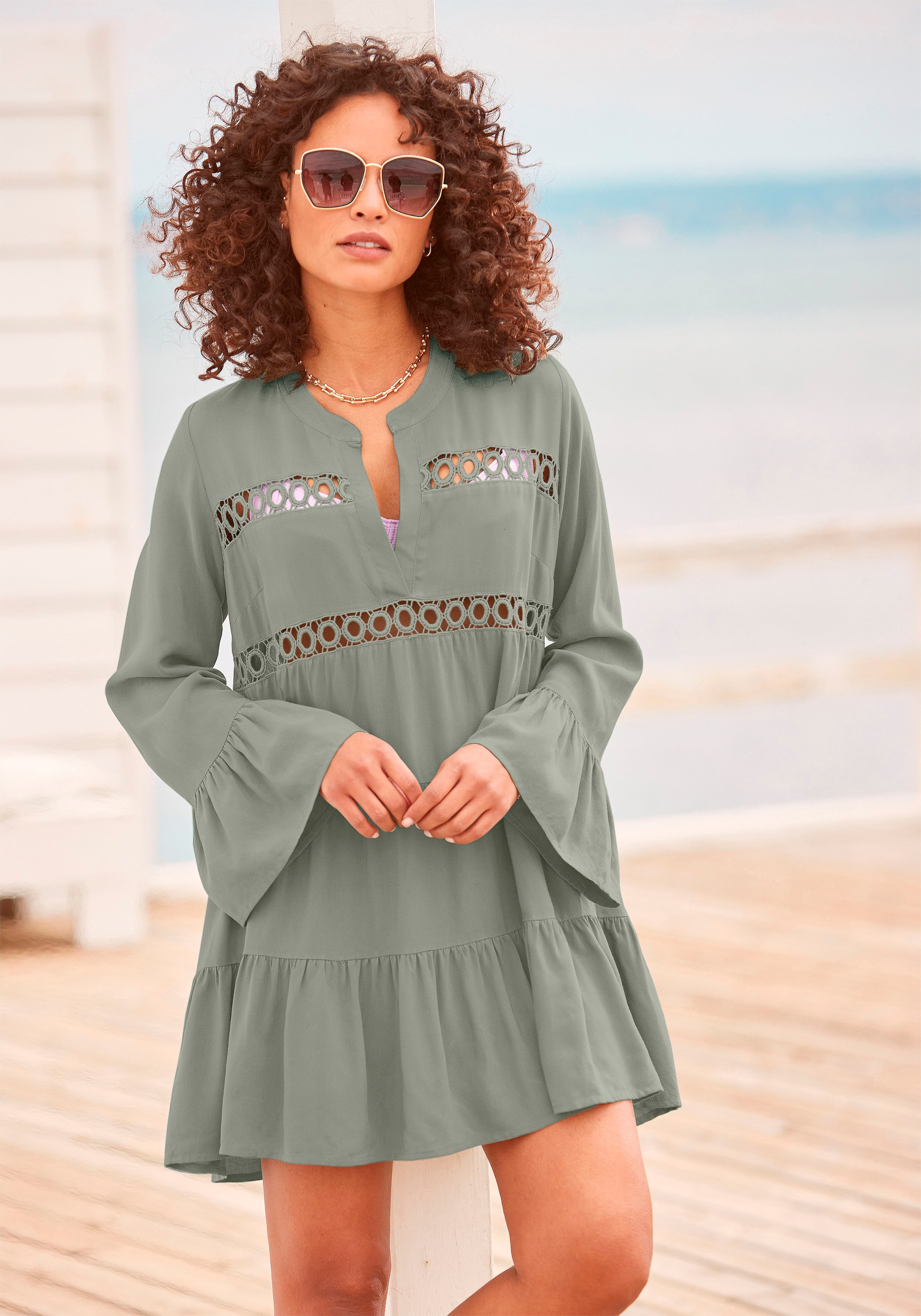 LASCANA Longbluse, mit Spitzeneinsätzen, Tunika, Blusenkleid, Strandmode