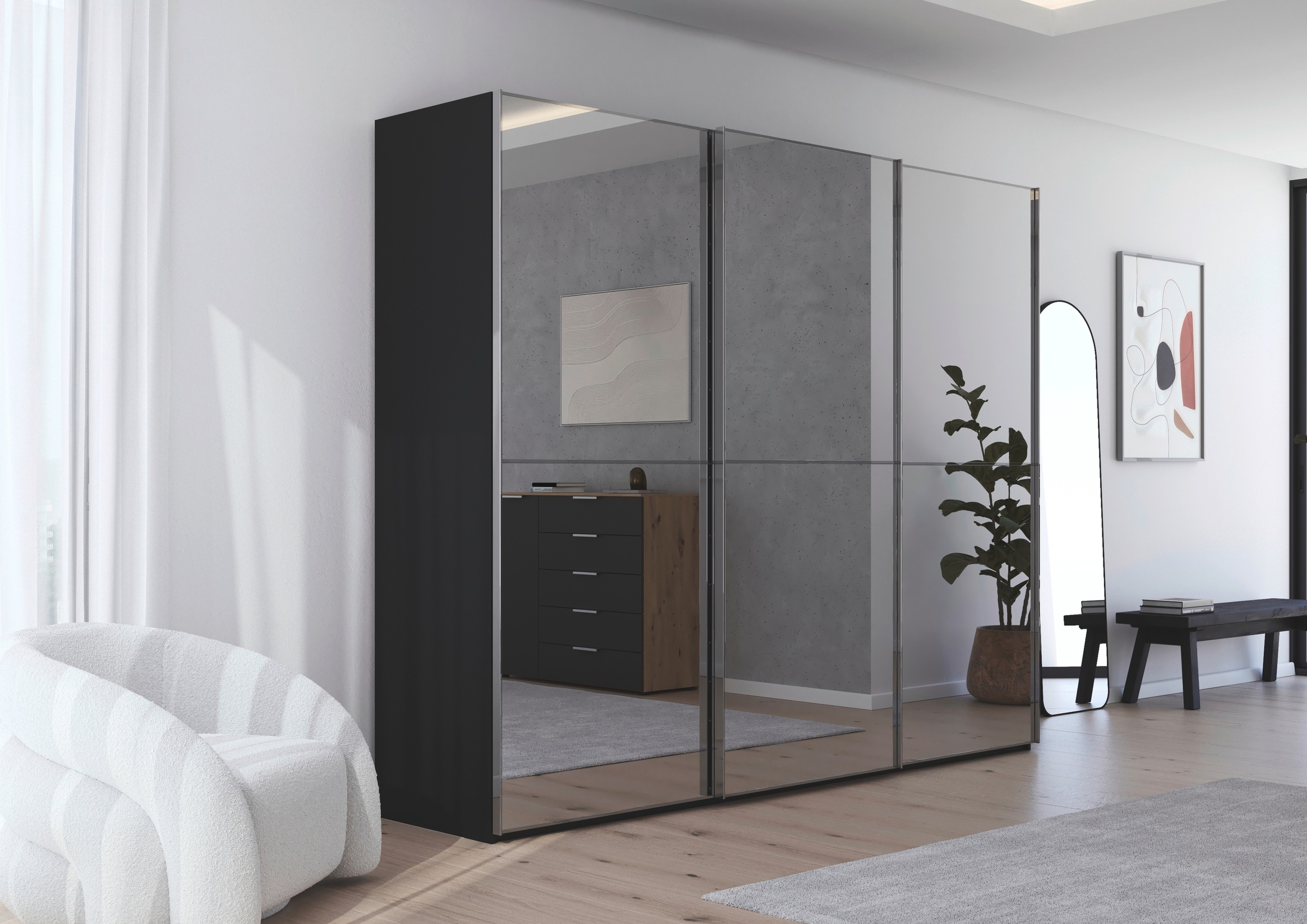 rauch Schwebetürenschrank »Kleiderschrank Schrank Garderobe Schlafzimmerschrank SCALE-DUO«, edle zweigeteilte Türen Spiegelfront und 3 Zierleisten MADE IN GERMANY