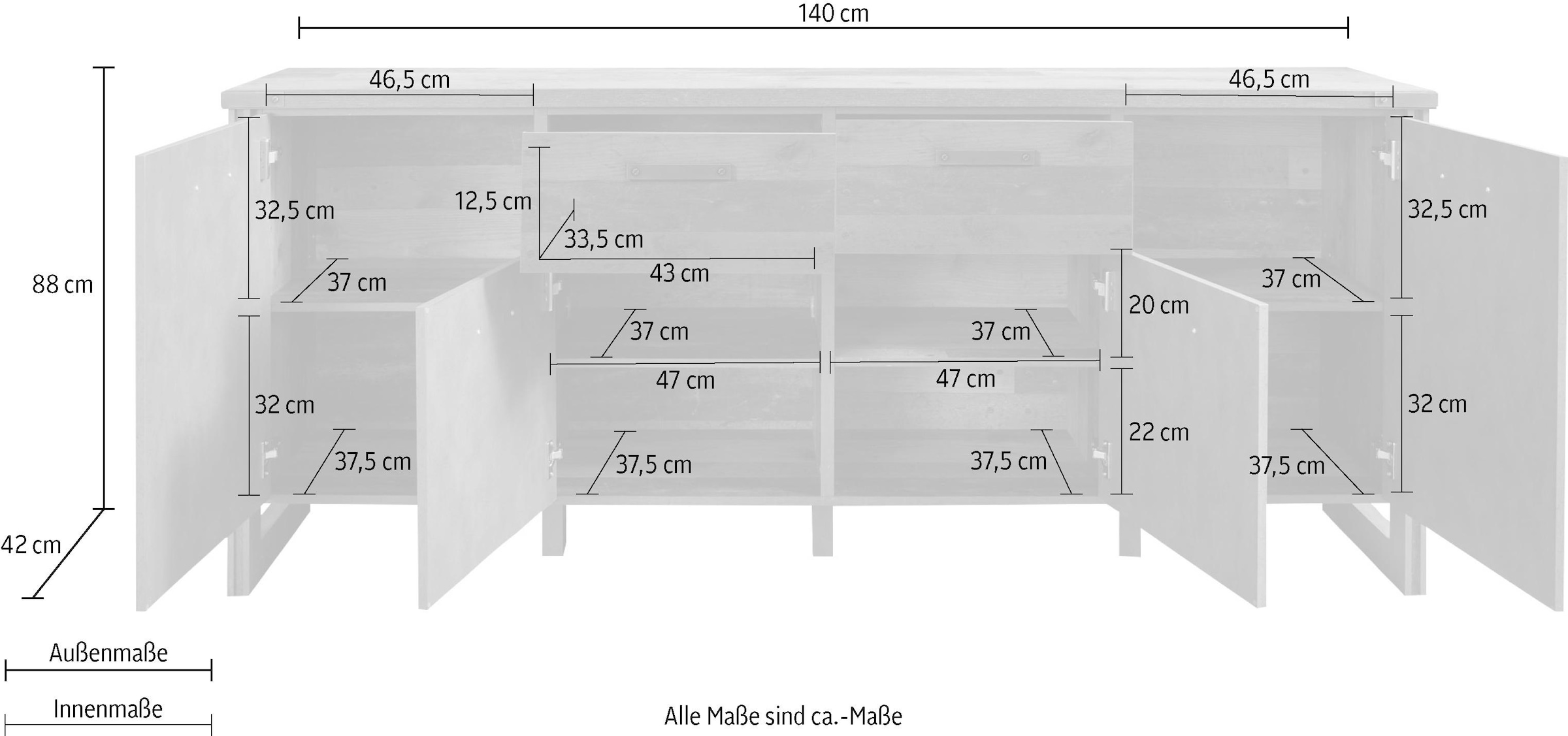Home affaire Sideboard »Bristol«, Wohnzimmerschrank im Industrial Style mit 8 Fächern und 2 Schubladen