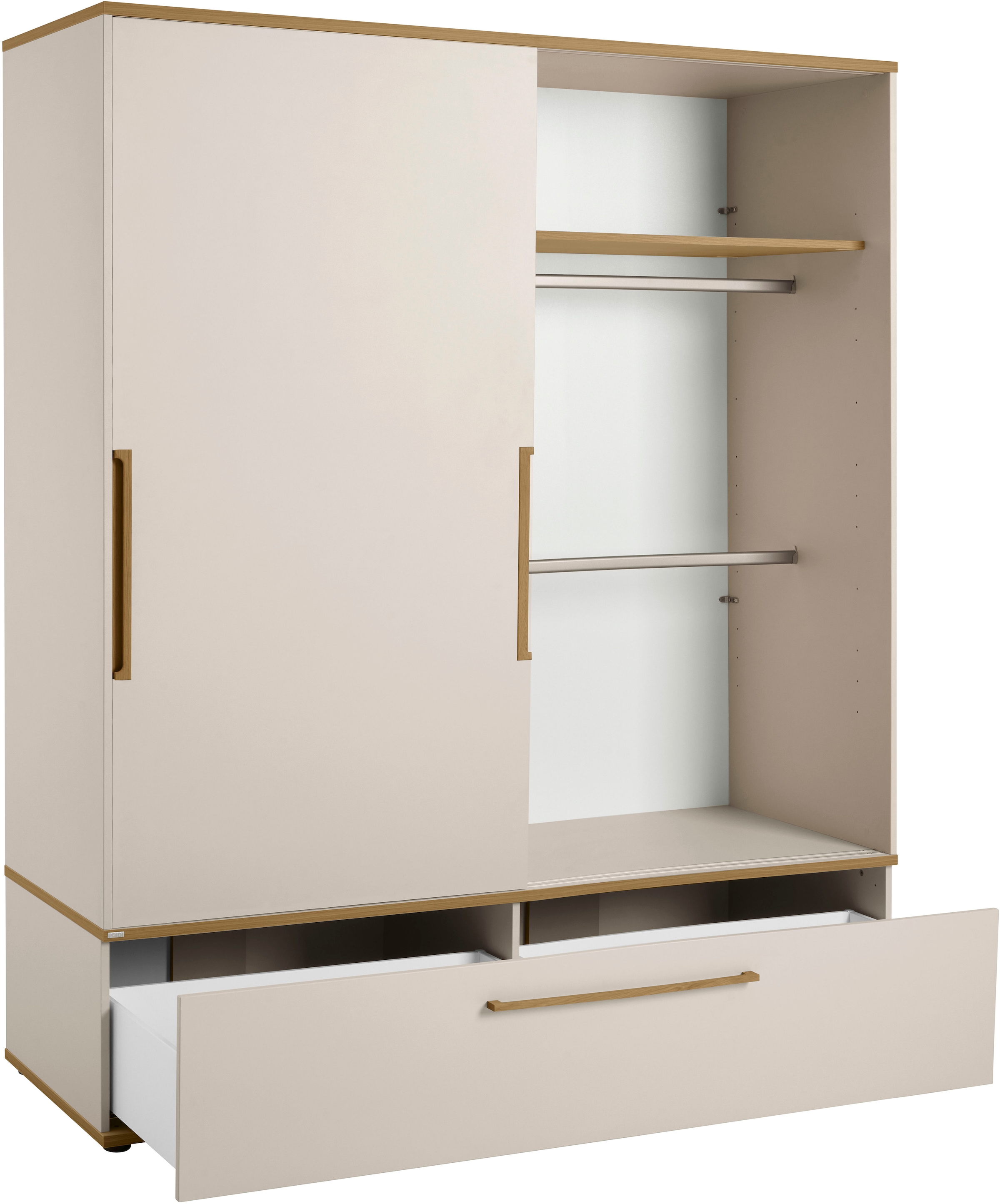 PAIDI Schiebetürenschrank »STIENE in Beige oder Grau, 2 Türen und 1 Schublade mit Soft-Close« B/H/T ca. 164/200/62cm,  mit Kleiderstangen+Einlegeböden, Kleiderschrank mit Massivholzgriffen