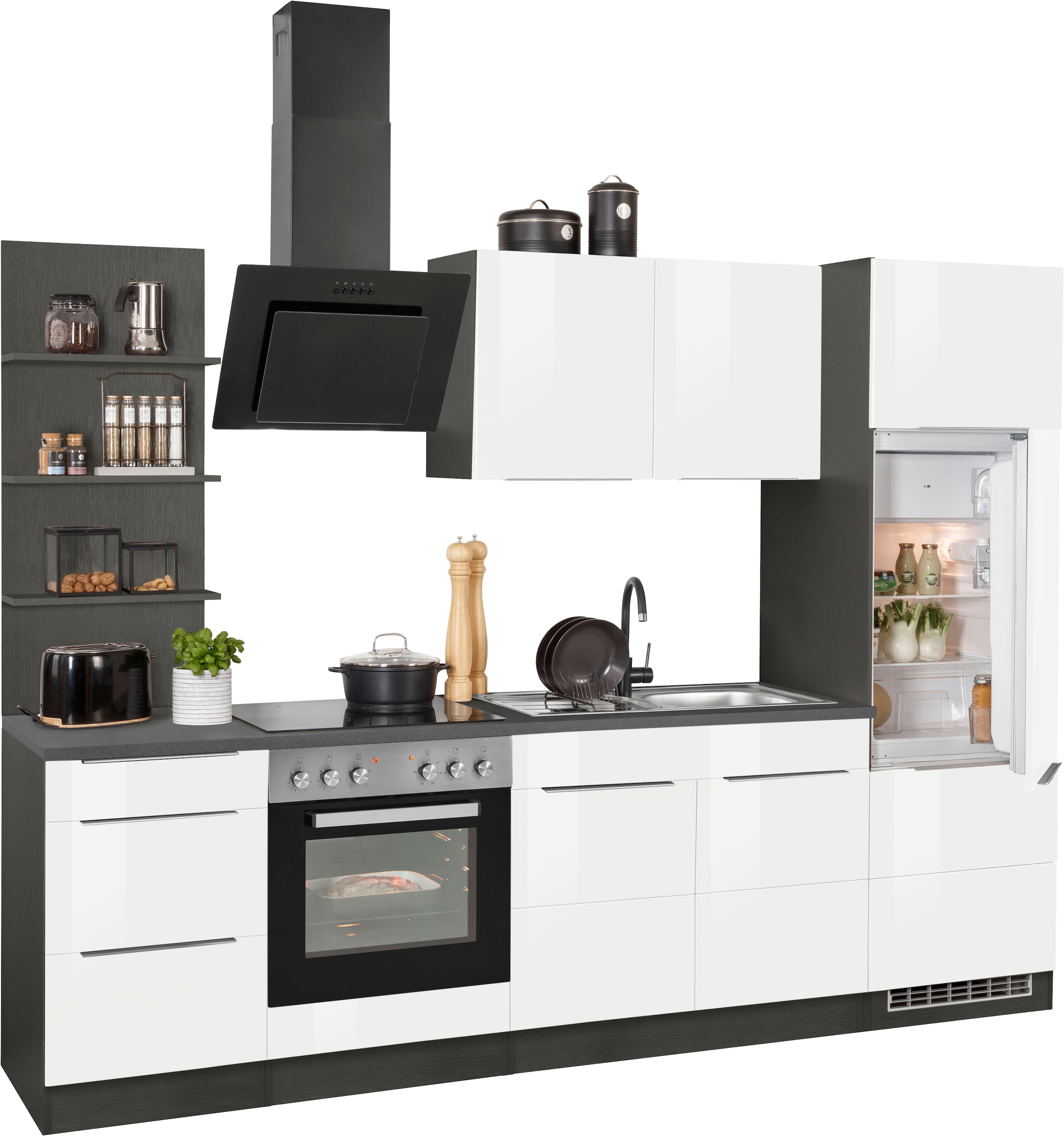 KOCHSTATION Küchenzeile »KS-Brindisi«, Breite 270 cm, wahlweise mit E-Geräten, mit MDF-Fronten und Regal