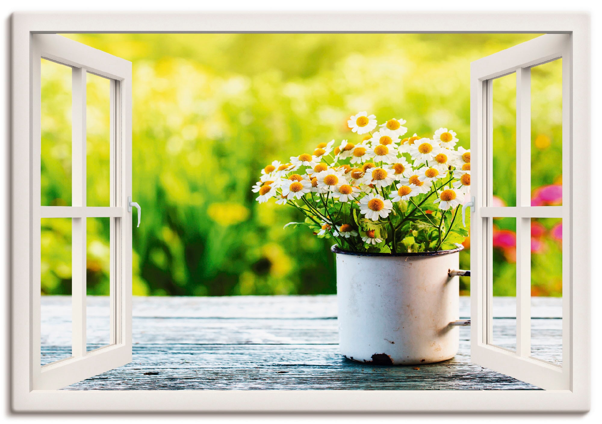 Artland Wandbild "Fensterblick Garten mit Gänseblümchen", Blumen, (1 St.), günstig online kaufen
