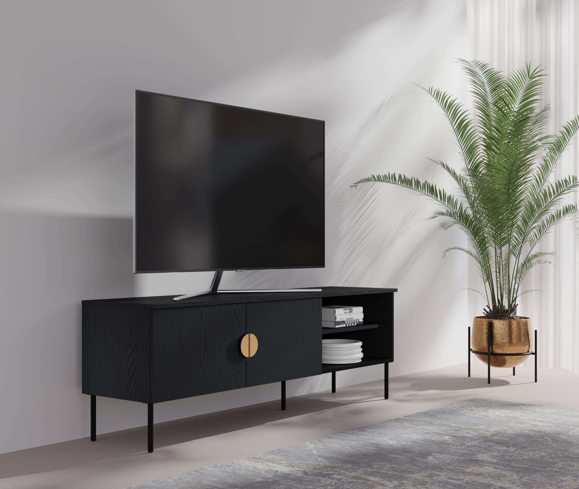 Leonique Lowboard »BELLOT TV-Schrank mit 2 Türen, Maße B/T/H: 160/40/53,6 cm«, (1 St.), schwarze Farbe, mit holzähnlicher Struktur