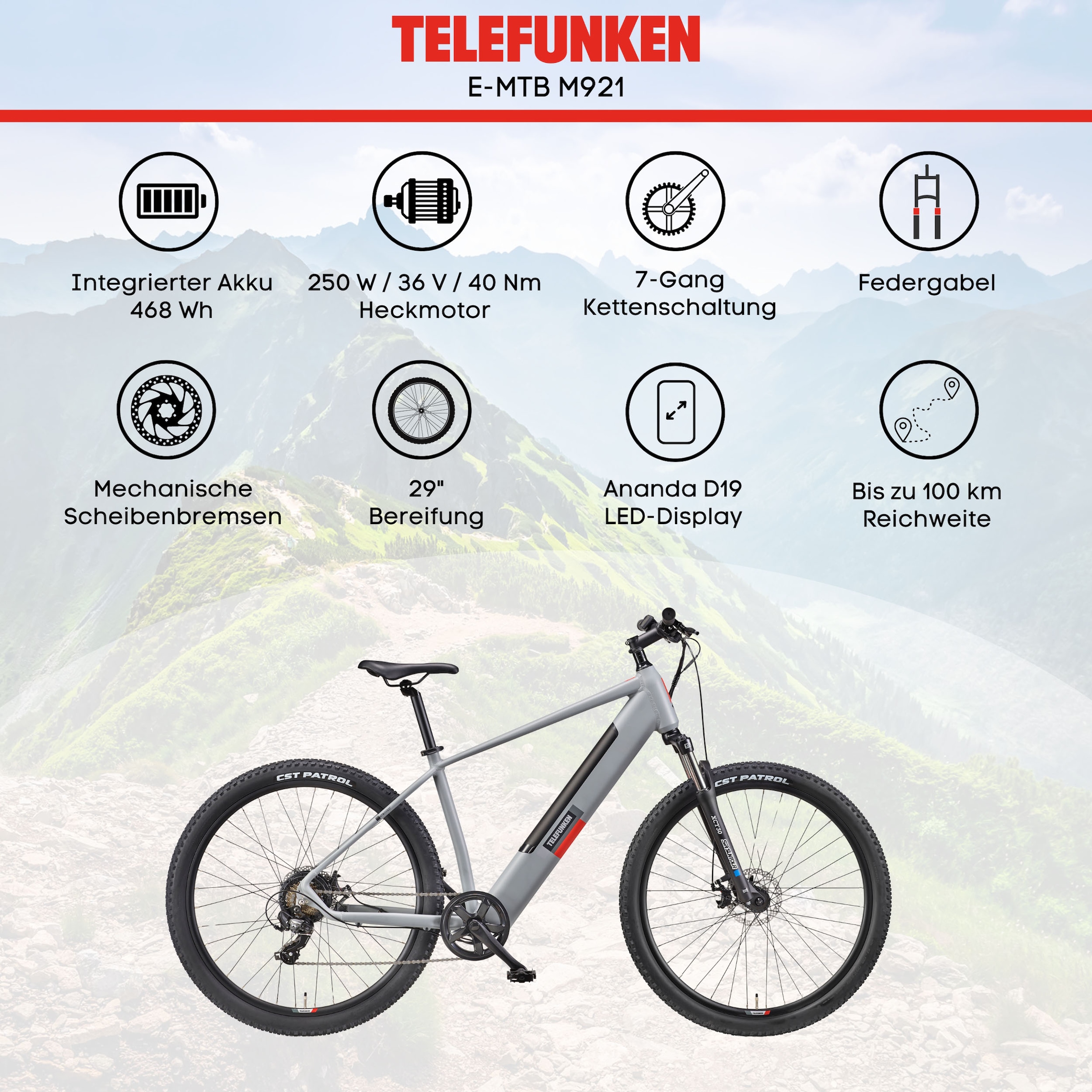 Telefunken E-Bike »Aufsteiger M921«, 7 Gang, Shimano, Heckmotor 250 W, (29 Zoll, Scheibenbremsen), Pedelec, Elektrofahrrad für Damen u. Herren, MTB
