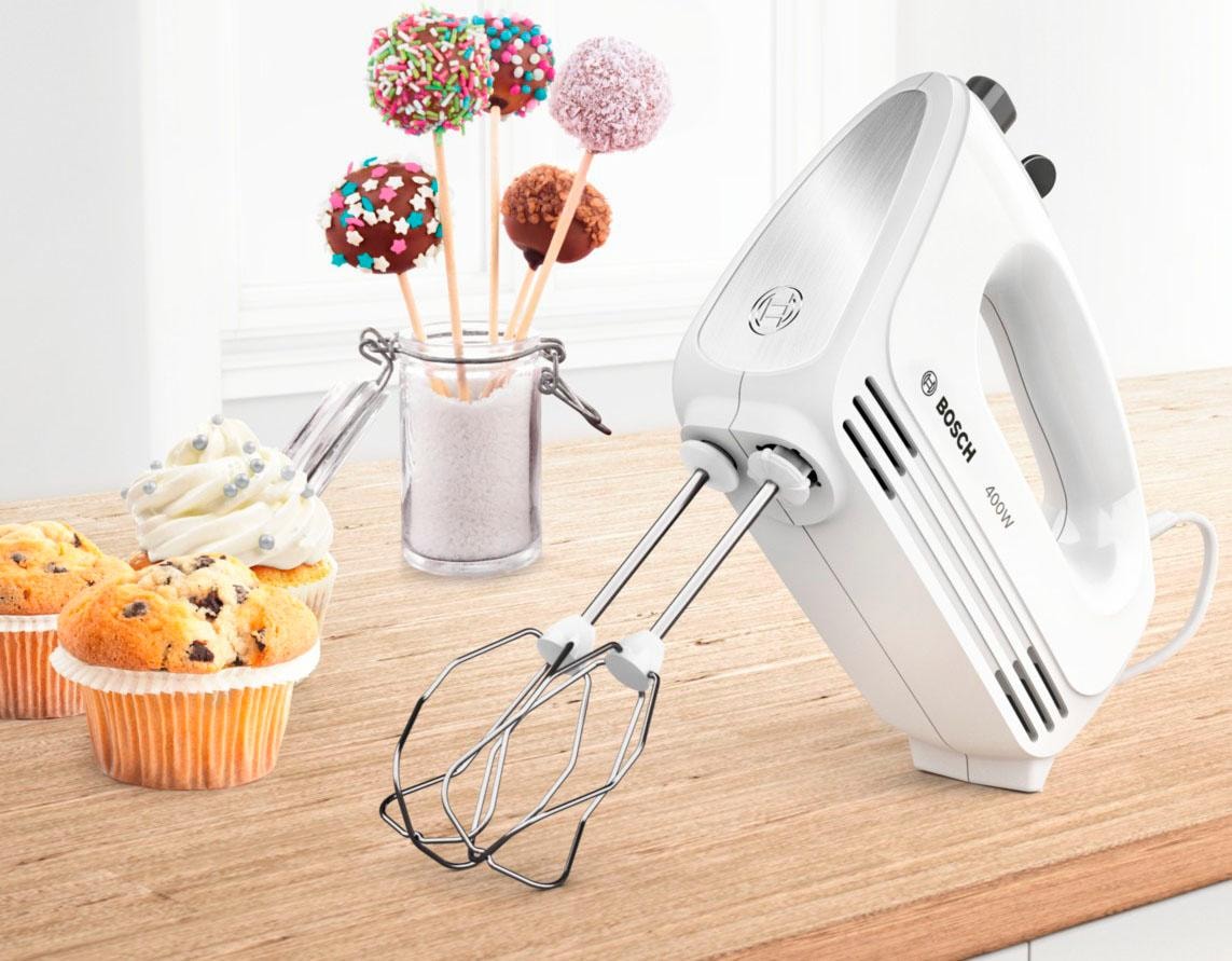 BOSCH Handmixer »CleverMixx MFQ24200, Edelst. Rührbesen/Knethaken, 4 Stufen, weiß«, 400 W, Auswurftaste, leichtes Gehäuse, Made in Europe