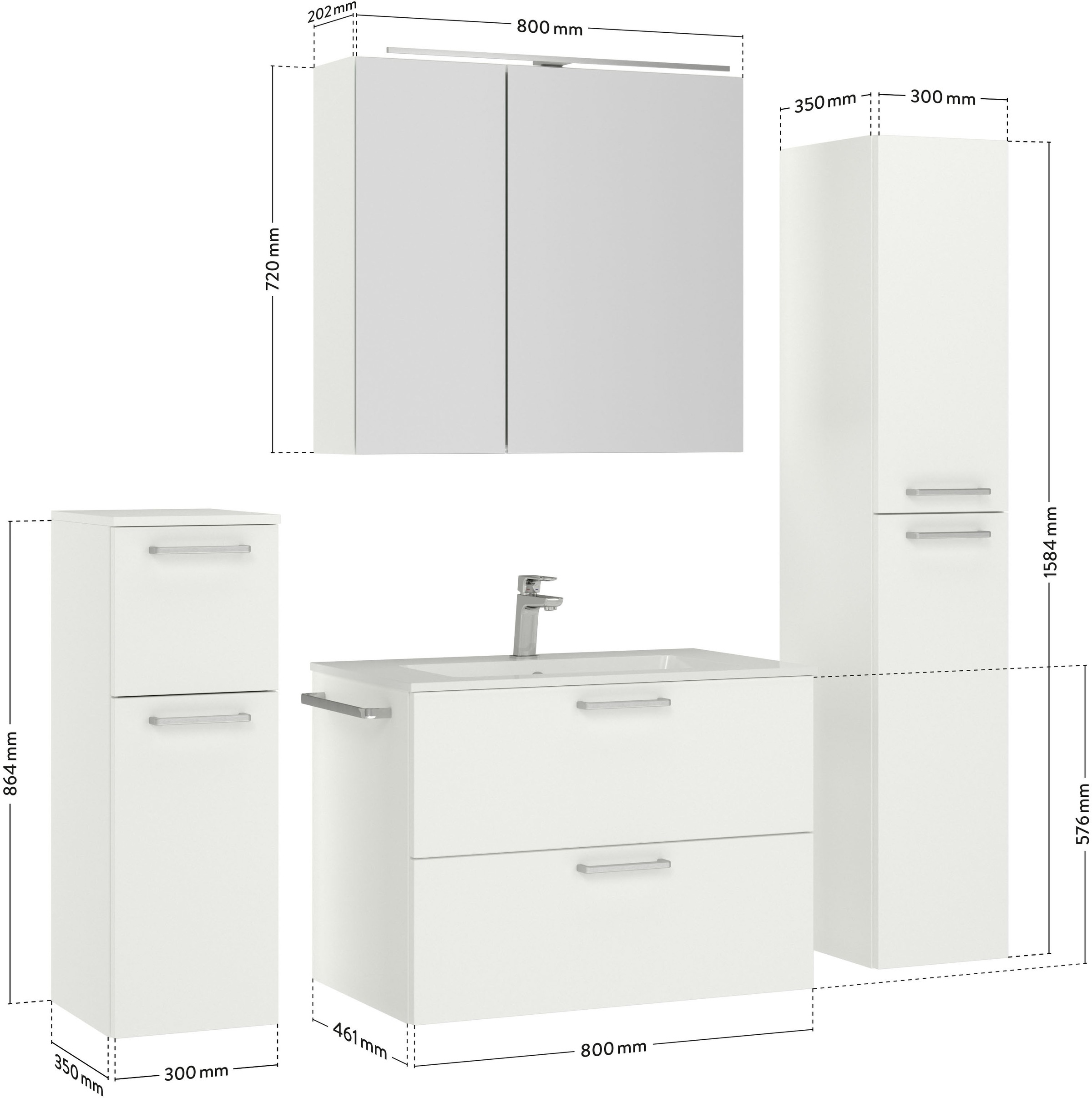 nobilia® Badmöbel-Set »Tolvina«, (4 St., vormontiert, mit Soft-Close), inkl. Spiegelschrank mit Beleuchtung und Dimmerfunktion, in 4 Breiten