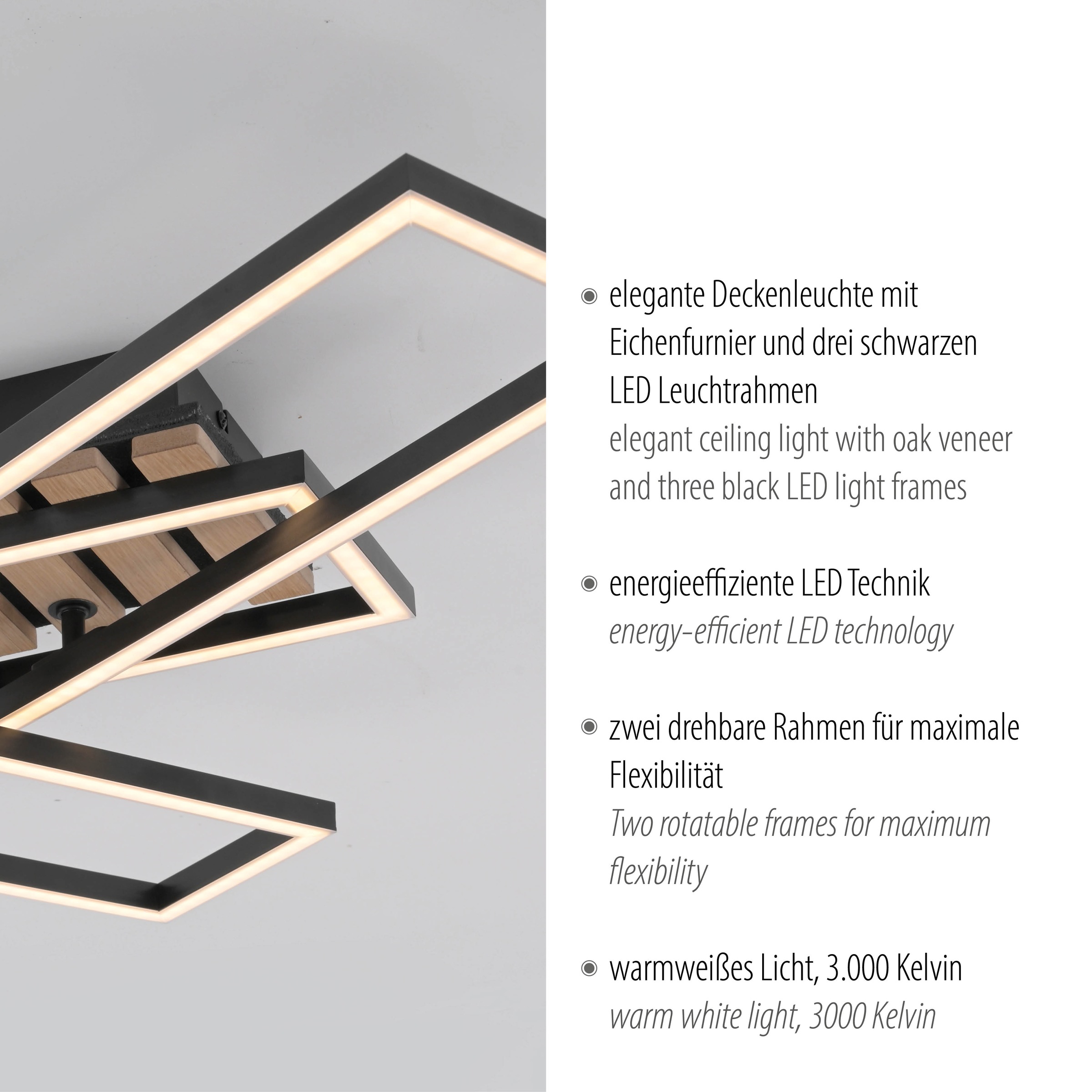 JUST LIGHT LED Deckenleuchte »AKUSTIKA« LED-Board 1 Stk. Warmweiß Eichenfurnier und schwarz, Rahmen drehbar