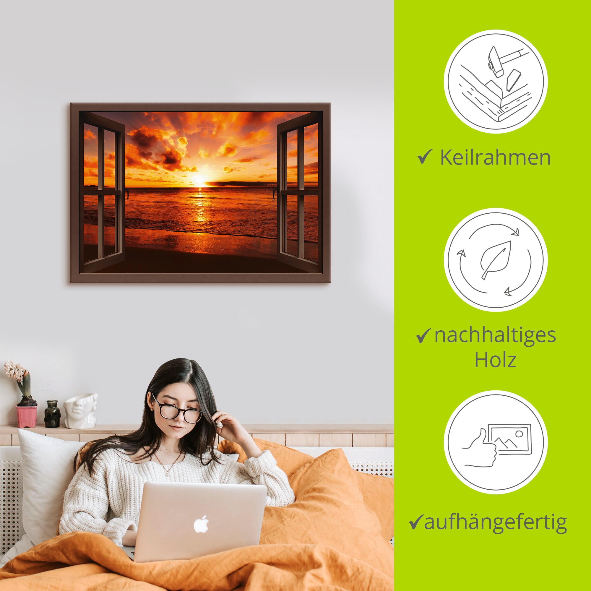 Artland Wandbild »Fensterblick Sonnenuntergang am Strand«, Fensterblick, (1 St.), als Leinwandbild, Poster, Wandaufkleber in verschied. Größen