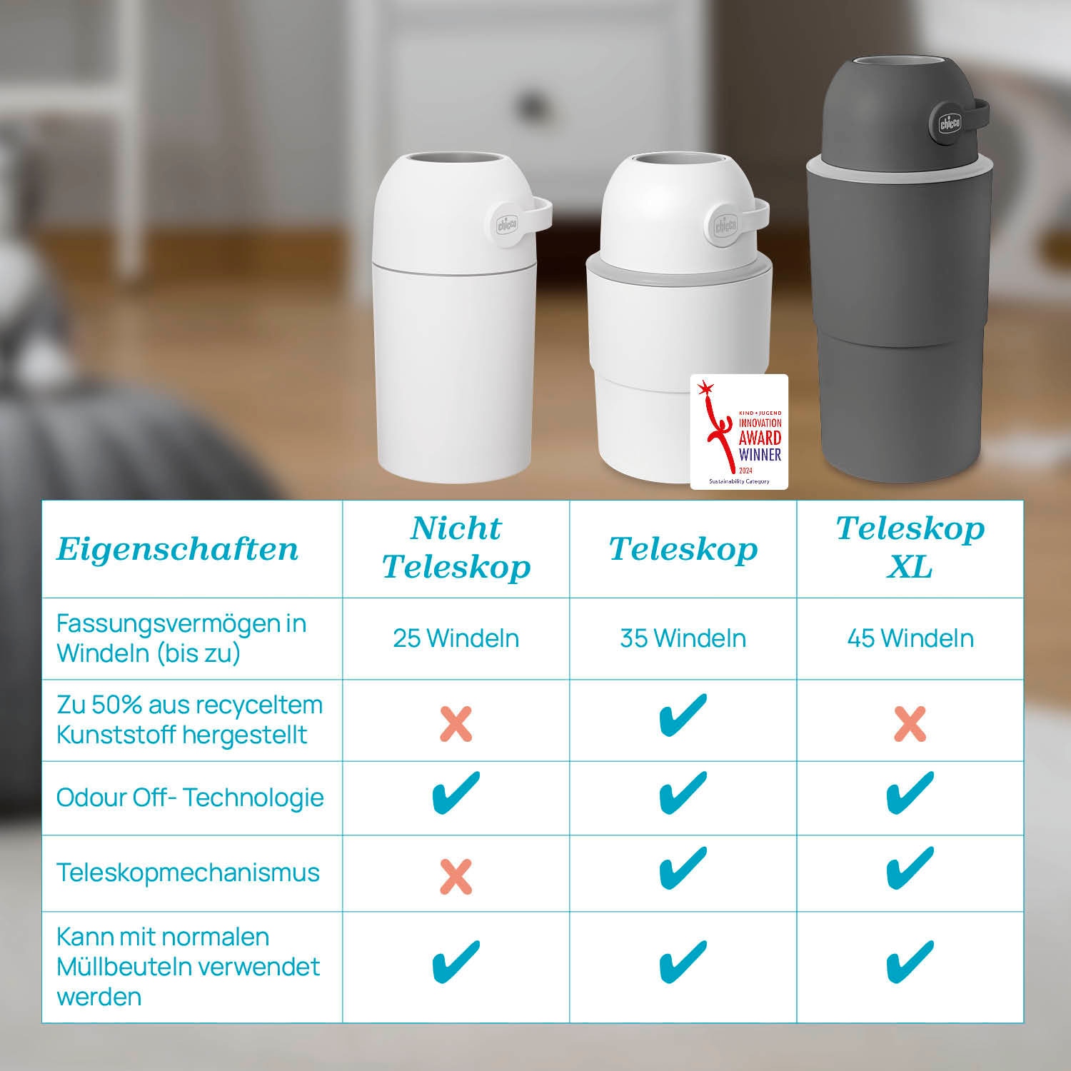 Chicco Windeleimer »Teleskop, Odour off XL«, inklusive 1 Pck. Müllbeutel Odour Off und einem Müllbeutelspender