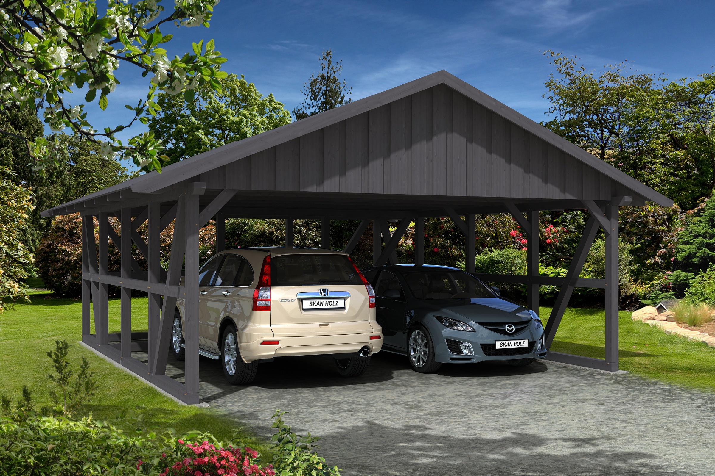 Skanholz Doppelcarport »Schwarzwald«, 560 cm, Schiefergrau, mit Abstellraum 3, mit Dachschalung