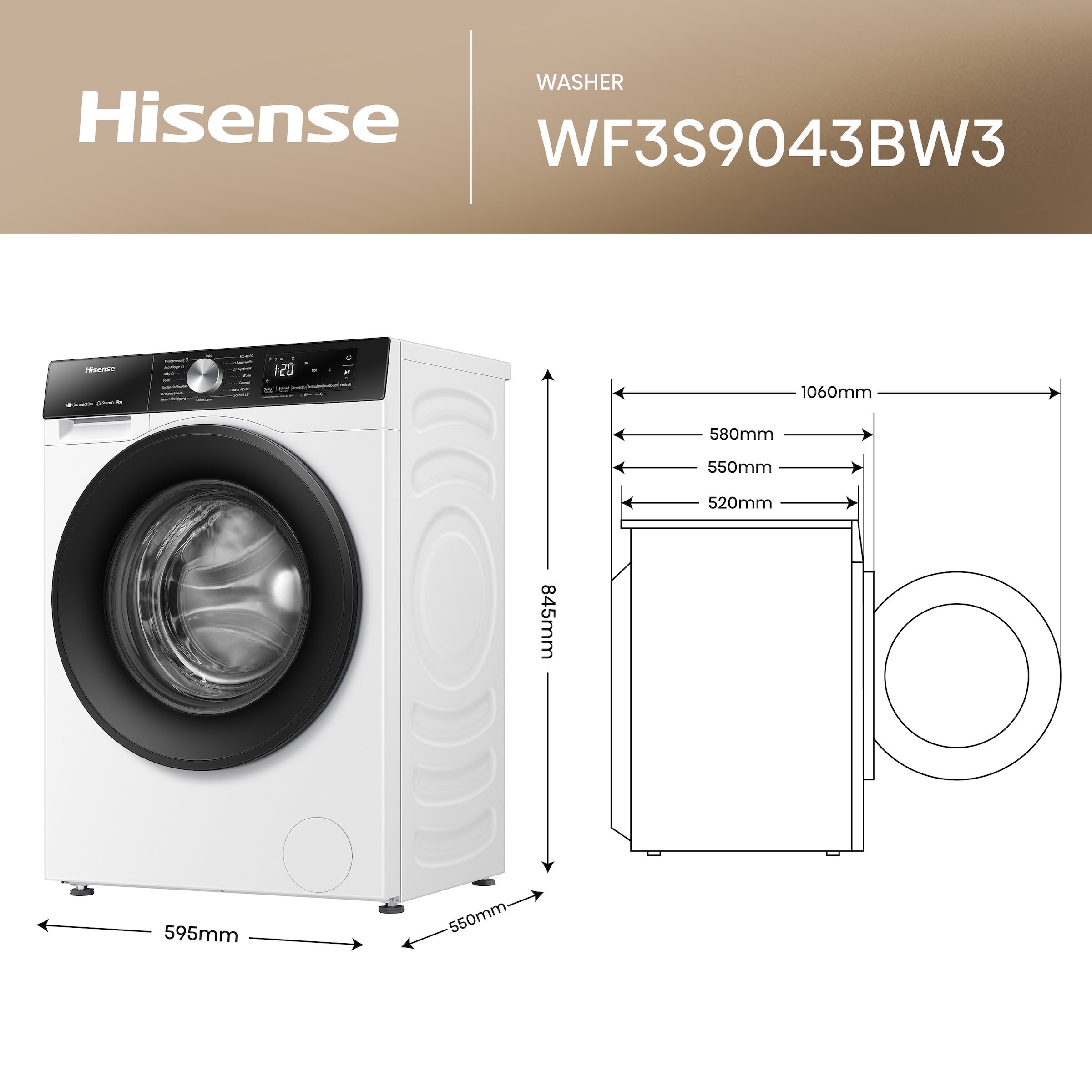 Hisense Waschmaschine »WF3S9043BW3«, 9 kg, 1400 U/min, Wifi-ConnectLife