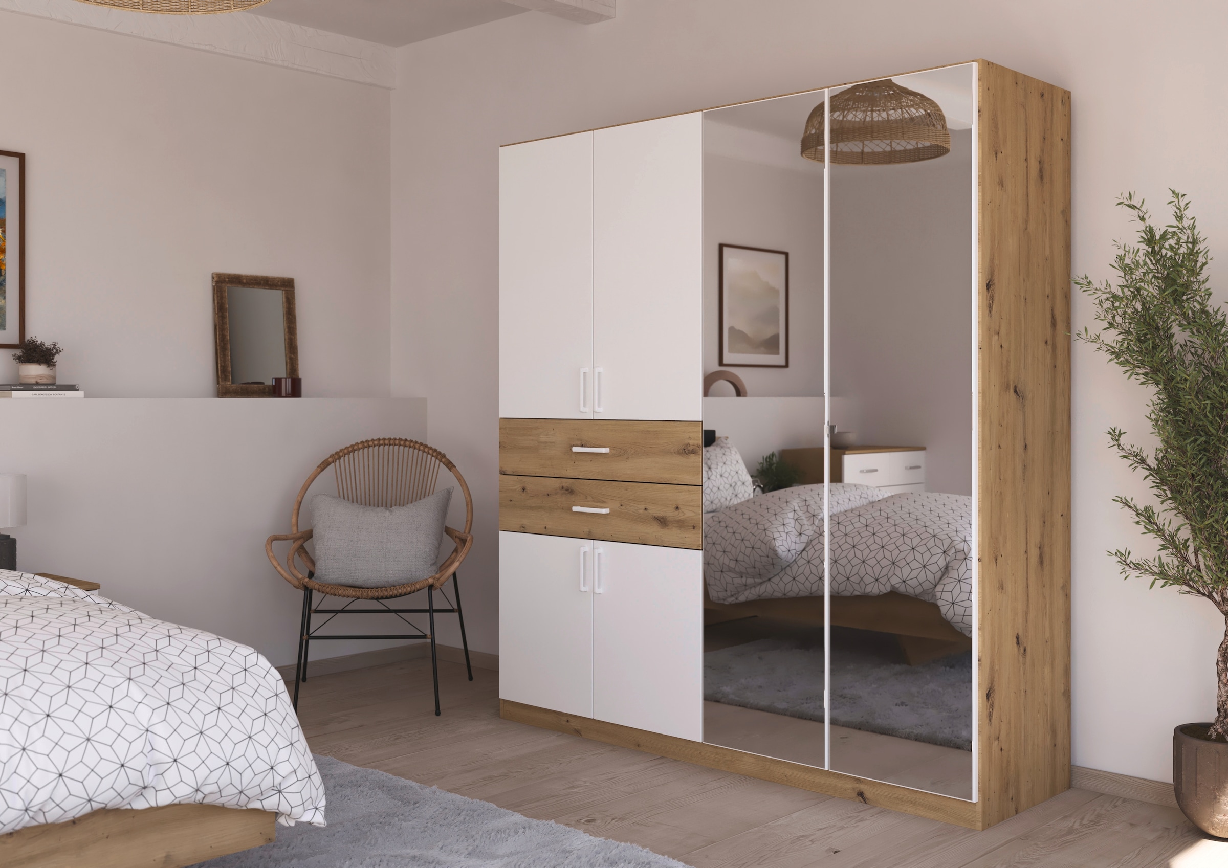 RAUCH Drehtürenschrank »Maika« mit Spiegel, 2 Schubladen, in verschiedenen Breiten, Höhen und Farben Eiche Artisan/Alpinweiß