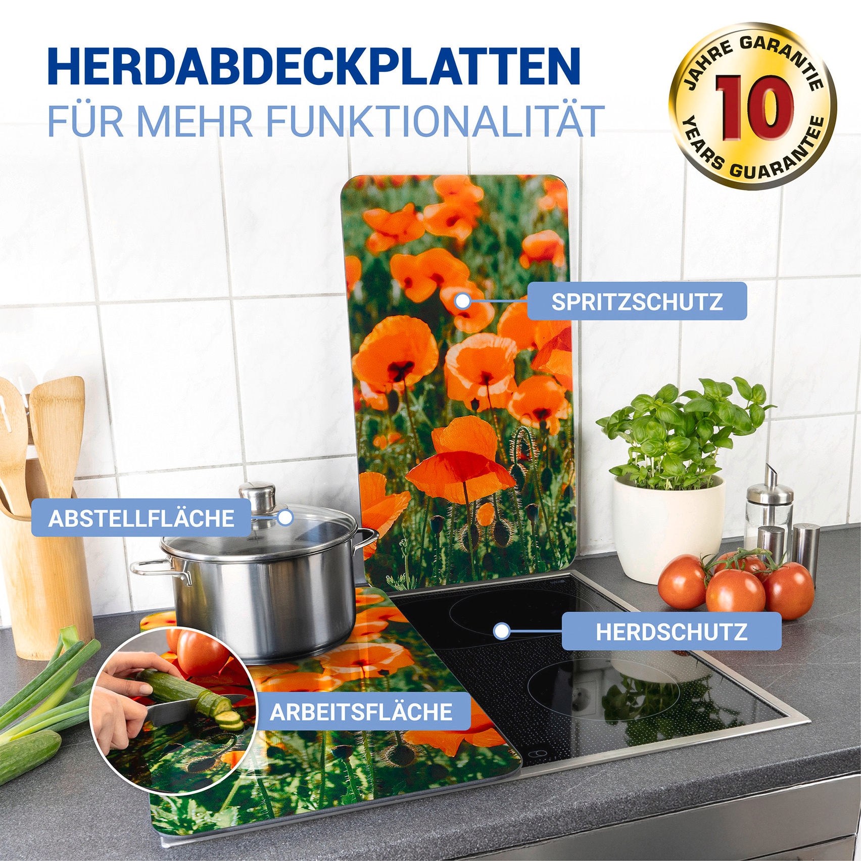 WENKO Herd-Abdeckplatte »Universal Modell Mohnfeld«, (Set, 2 tlg.), Herdabdeckung für alle Herdarten, kratzfest, mit rutschfesten Füßen