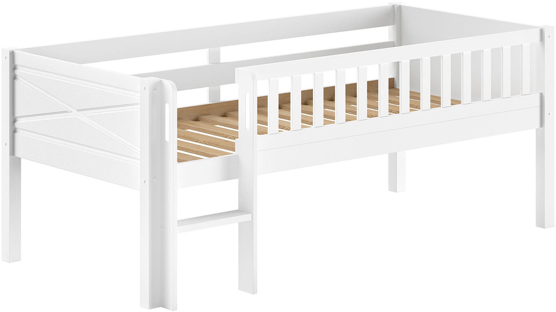 Vipack Spielbett »Scott mit niedriger Einstiegshöhe, inkl. Leiter und Rolllattenrost«, in Kiefer massiv, weiß 90x200 cm, wahlweise ohne und mit Rollboxen