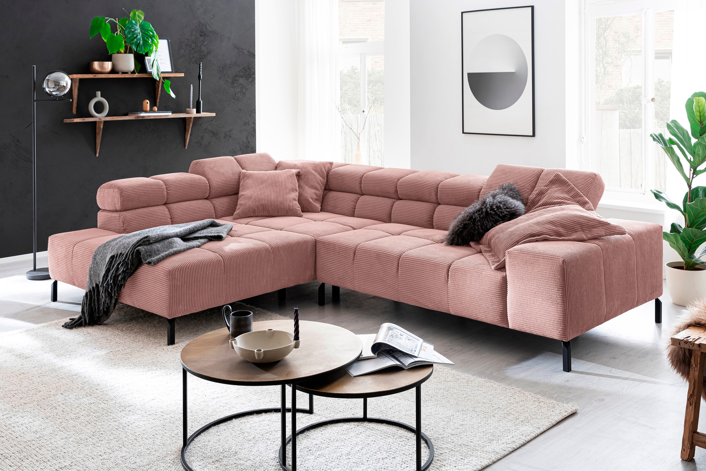 INOSIGN Ecksofa »Ancona New, wahlweise motorische Sitztiefenverstellung, auch in Cord«, feine Steppung, mit Kopfteilverstellung, 3 Zierkissen, L-Form