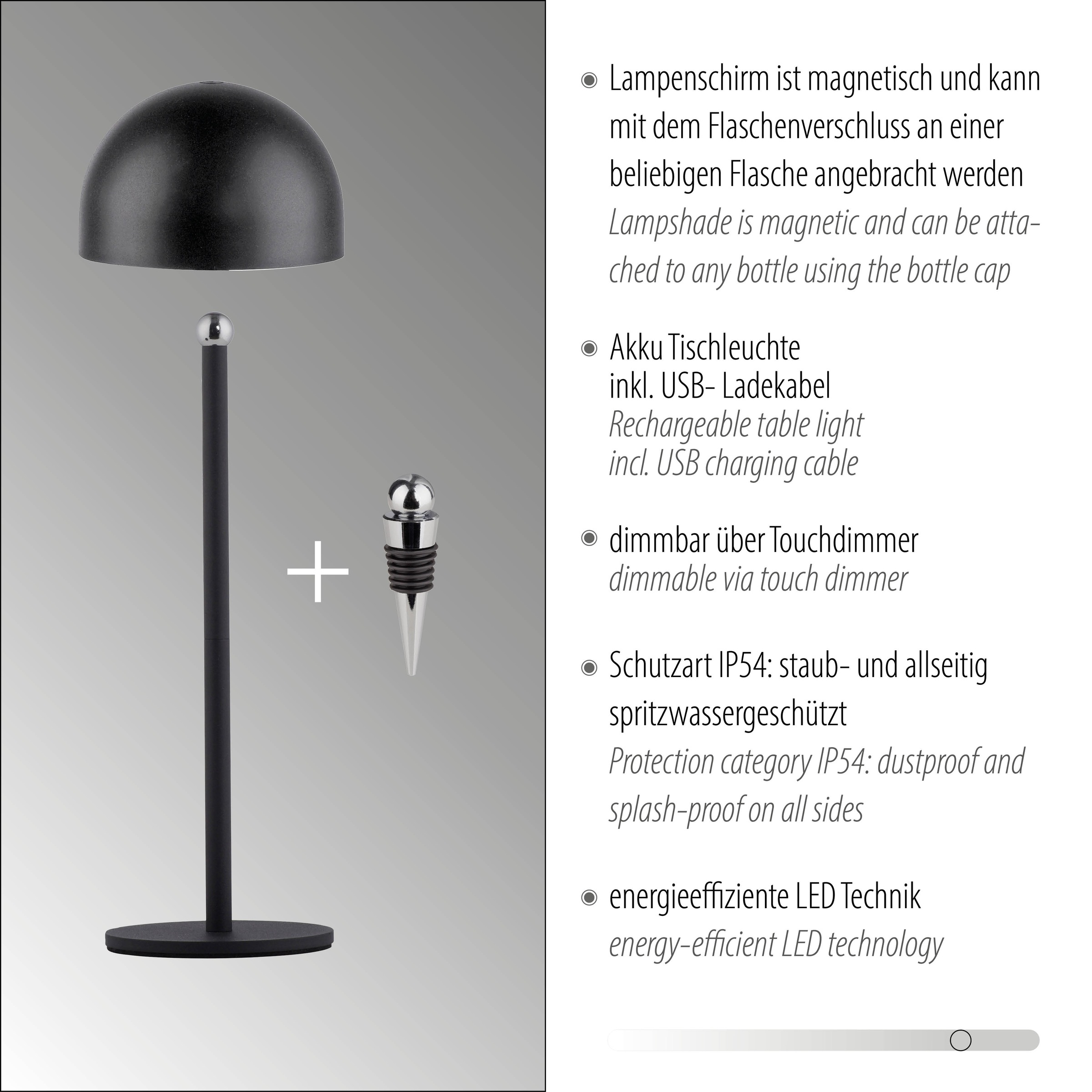 my home Tischleuchte »Akku Tischleuchte Hesper Indoor Outdoor, magnetischer Flaschenaufsatz«, 1 flammig, Leuchtmittel LED-Board | LED fest integriert, Pilzlampe Flaschenaufsatz, Regulierung der Lichtstärke, Pilz, Lampe