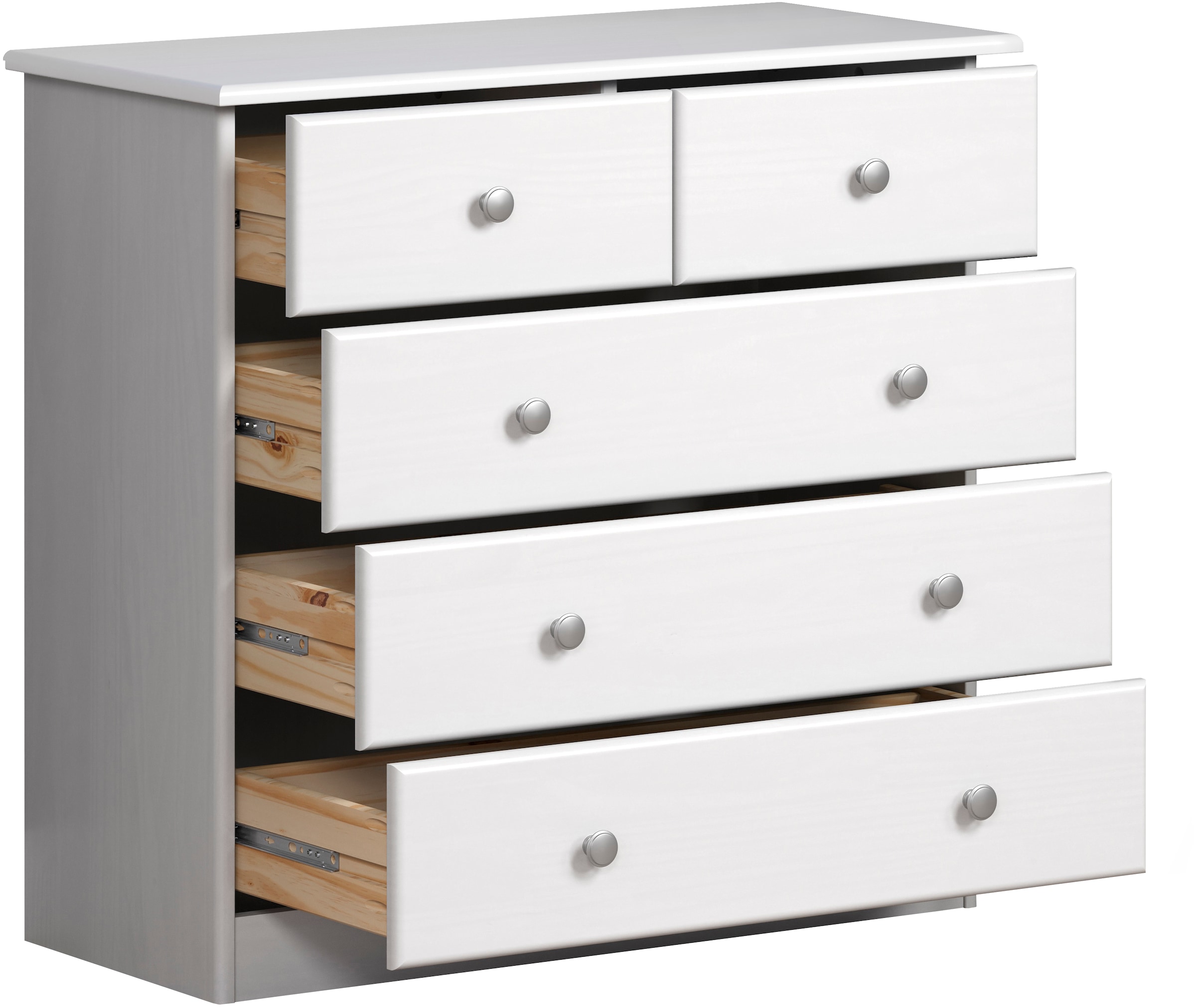 Home affaire Schubkastenkommode »Delsbo Kommode Wäscheschrank Beistellschrank Schrank Bestseller«, (1 St., Landhaus Design aus Kiefernholz), Massivholz Sideboard mit 5 Schubladen - Metall-Knopfgriffe