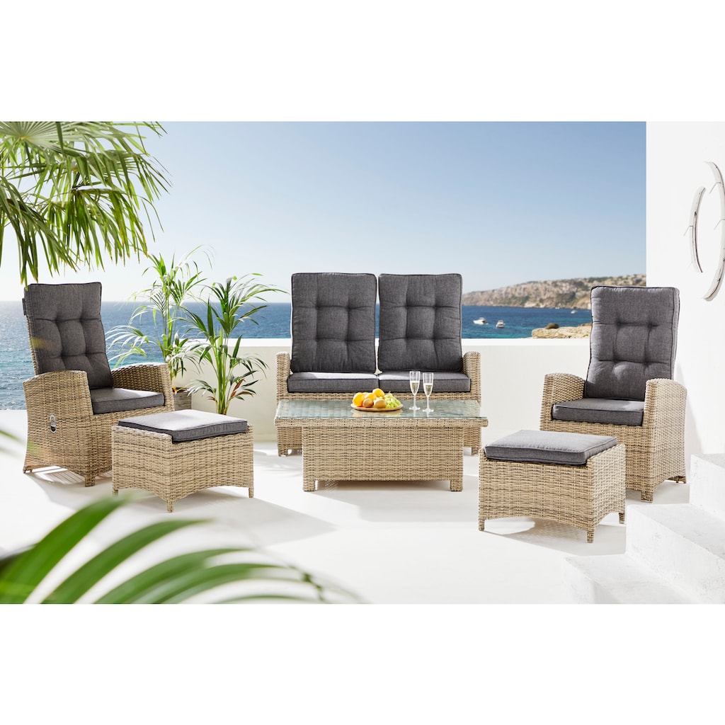 KONIFERA Gartenlounge-Set »Monaco«, (Set, 16 tlg., inkl. Auflagen, Alu, Polyrattan), höhenverstellbarer Tisch 43,5 - 66,5 cm