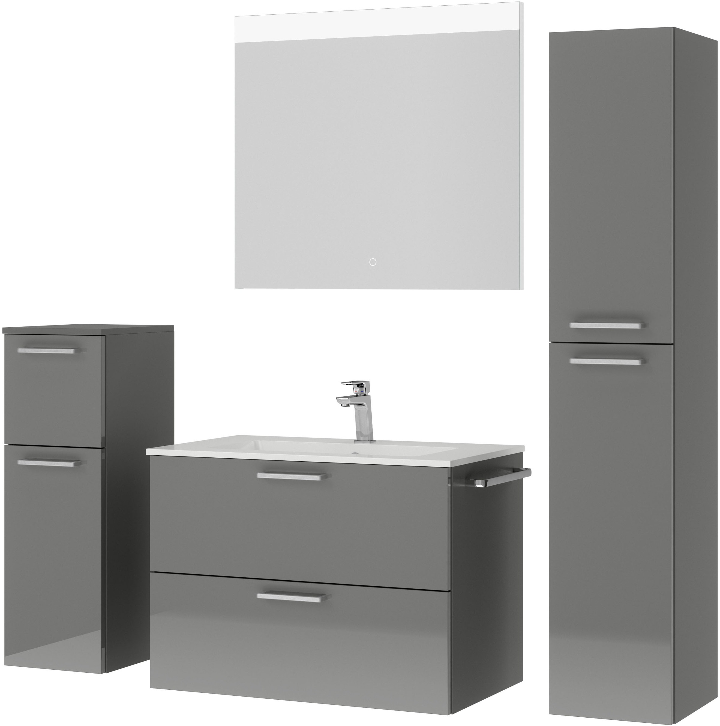 nobilia® Badmöbel-Set »Tolvina«, (4 St., vormontiert, mit Soft-Close), Hochglanz, inkl. Spiegel mit Touch-Sensor, in vier Breiten