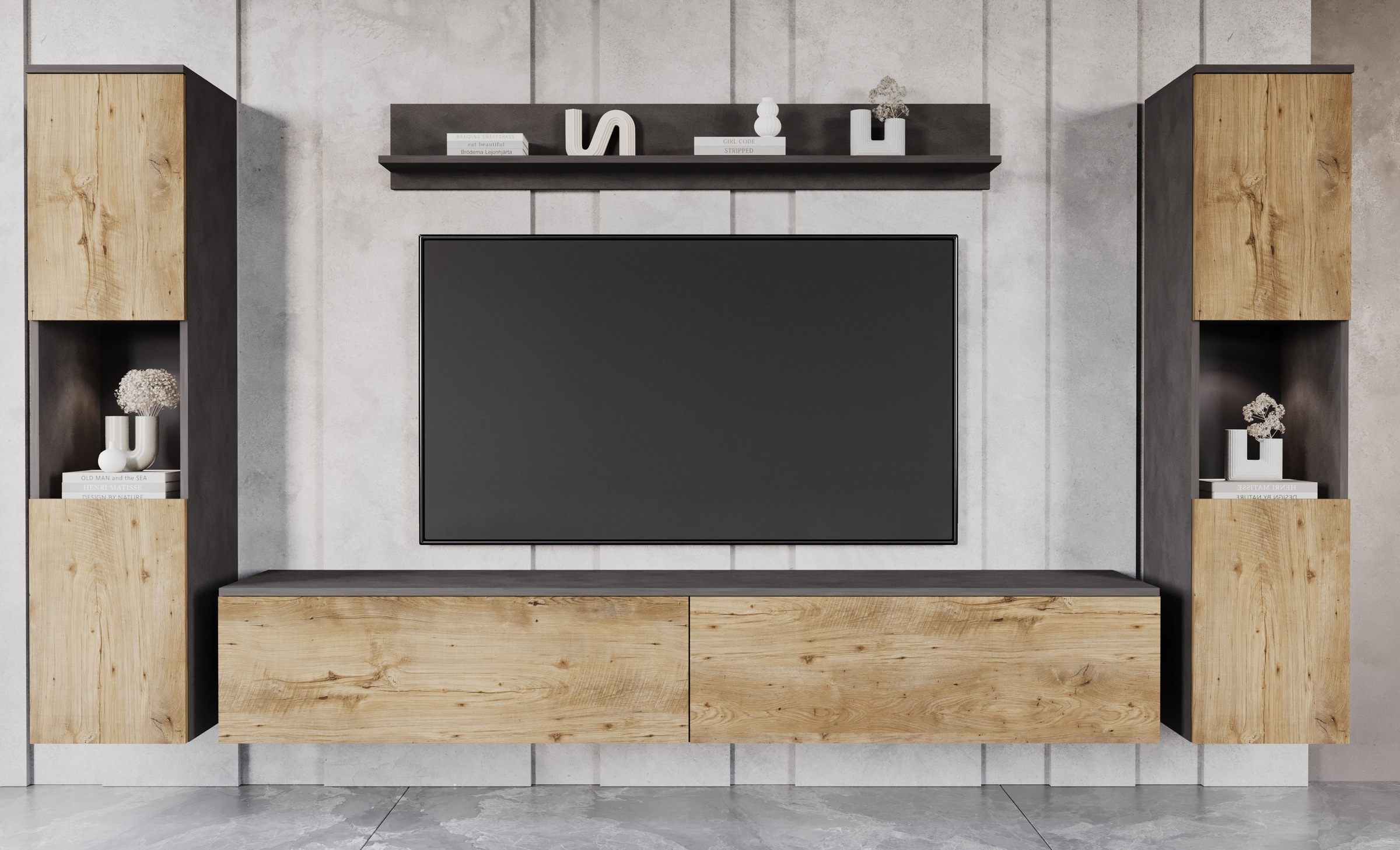INOSIGN Wohnwand »PARIS, Vitrine Türanschlag links/rechts wechselbar«, (Komplett-Set, 4 St.), grifflose Design, stehend und hängend montierbar