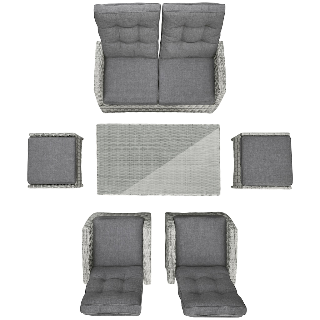 KONIFERA Garten-Essgruppe »Monaco«, (Set, 16 tlg., 1x2er Sofa, 2x Sessel, 2x Hocker, 1x Tisch 120x70x66cm, inkl. Auflagen)