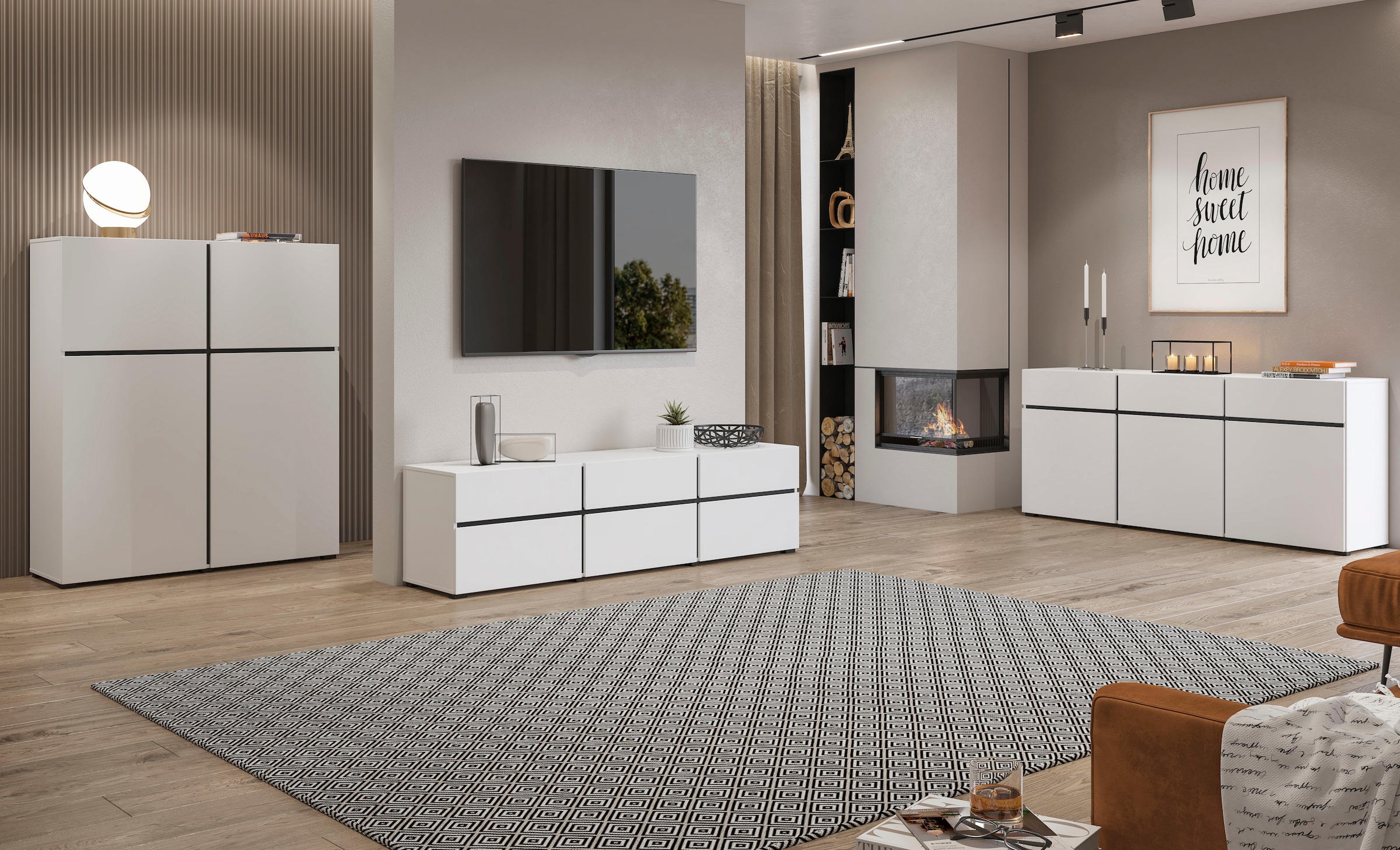 INOSIGN Kommode »Cross,Breite 180 cm, moderne grifflose Kommode,3 Türen/3 Schubkästen«, Schubladenschrank mit viel Stauraum, Einlegeböden verstellbar