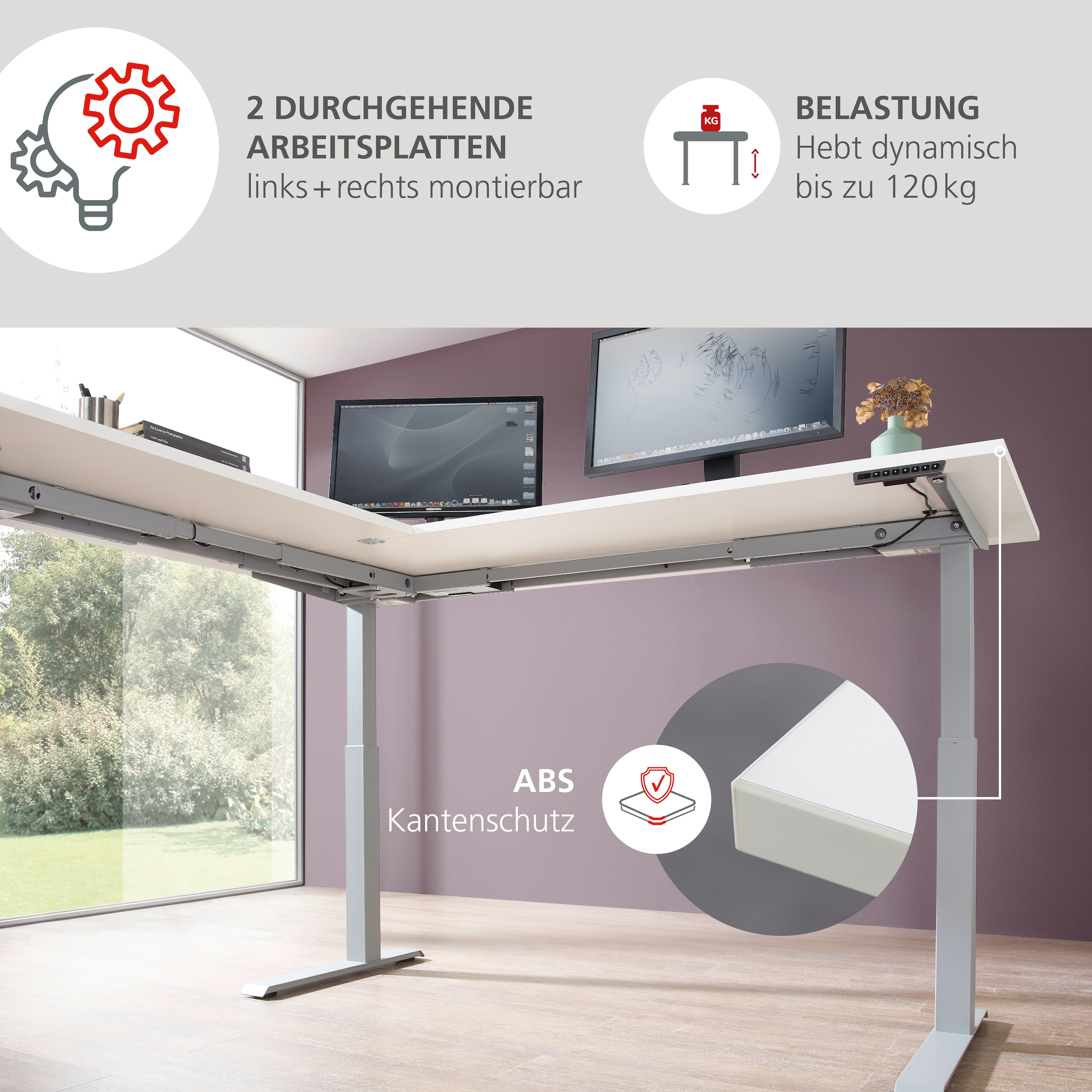 Innostyle Schreibtisch »Schreibtisch Santorin, 185/72/173 cm ( B/H/T)« 1 Stk. tlg. mit motor. Höhenverst. (72-120 cm) mit Memory-Funkt., li/re montierbar