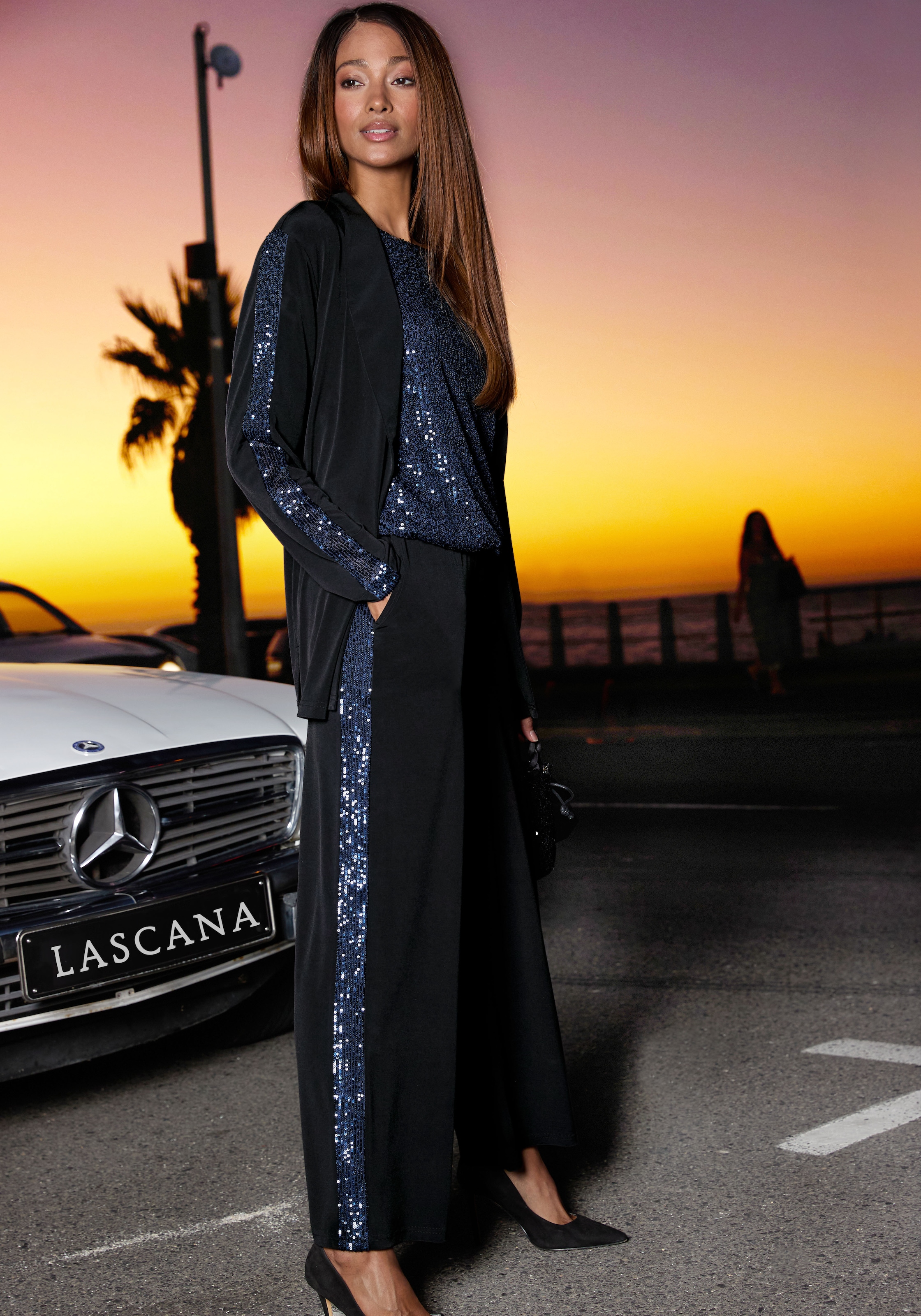 LASCANA Schlupfhose  mit Pailettenstreifen, Partyhose, festlich