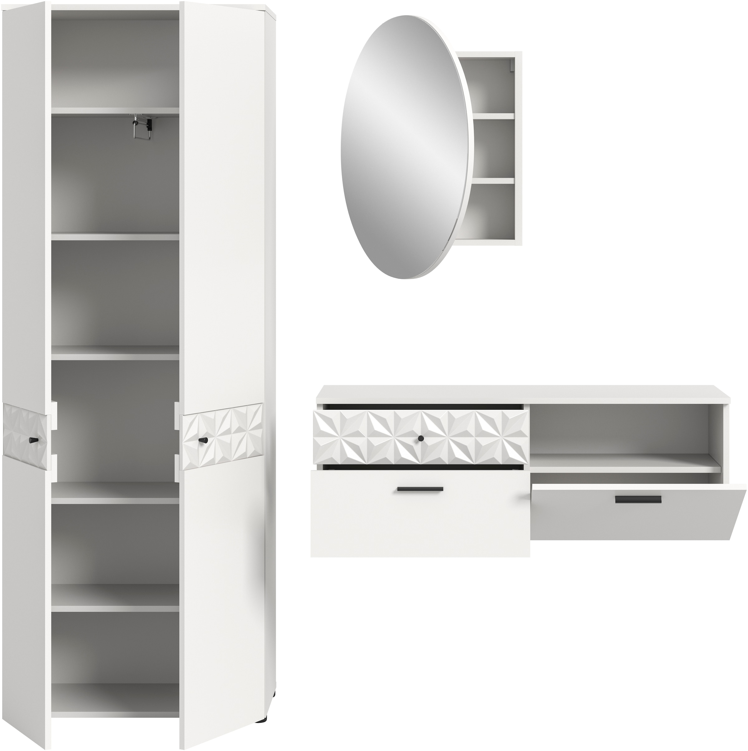 INOSIGN Garderoben-Set »VICENZA, 3-tlg., mit foraler Ornamentabsetzung in der Front«, (3 St.), best. aus.: Garderobenschrank, Schuhschrank und Spiegelschrank